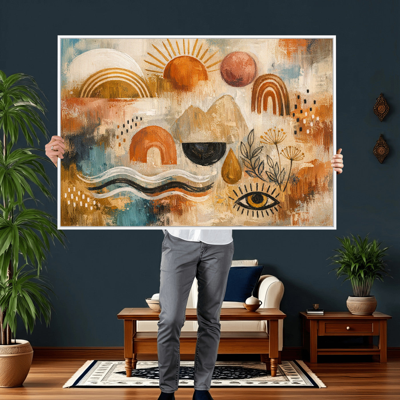 52155239-MGV-CV-36X24 - Geometric Boho Abstract Wall Art Canvas Print, Orange Blue Abstract Expressionist Painting Print, Modern Geometric Abstract Canvas Art