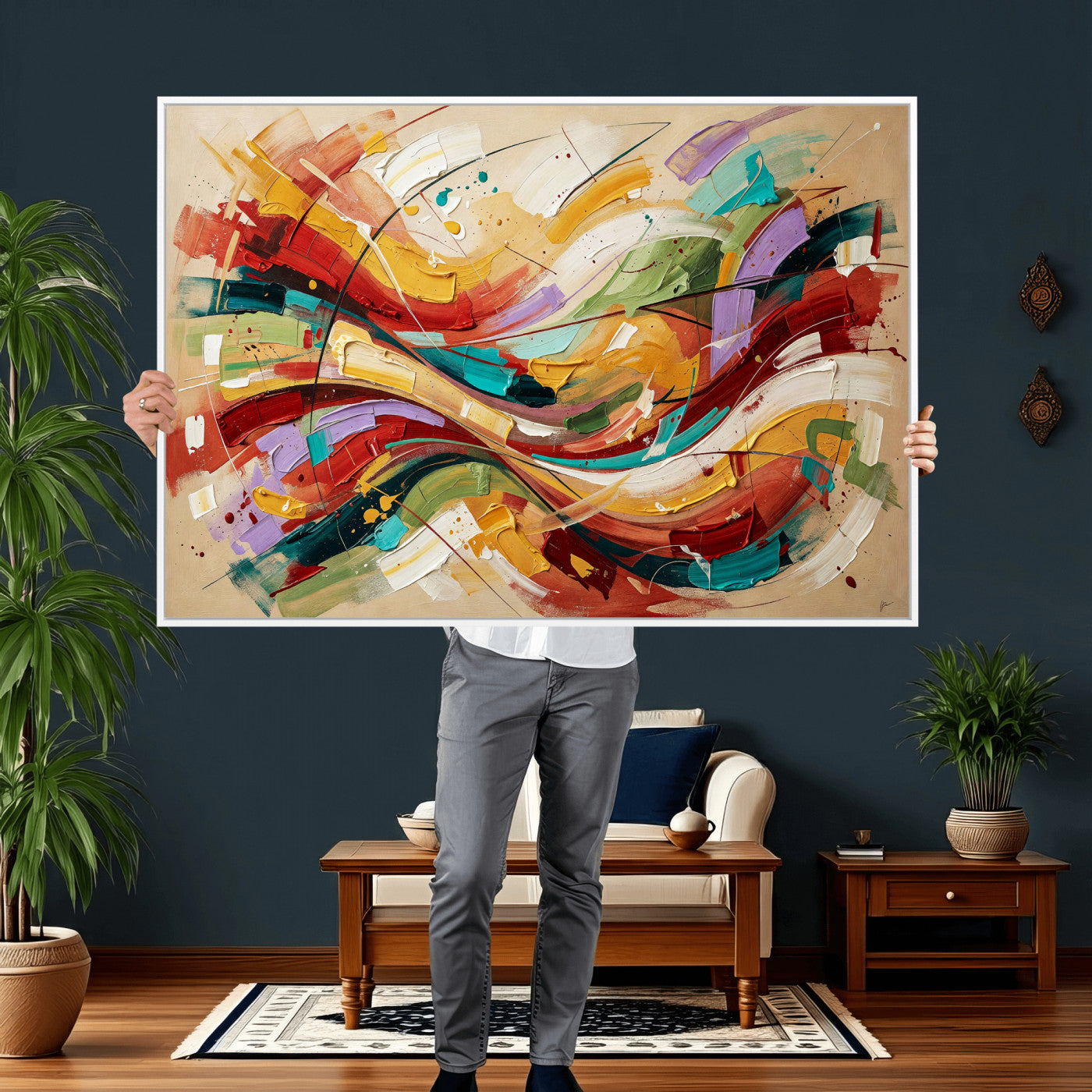 39887645-MGV-CV-36X24 - Geometric Abstract Wall Art Canvas Print, Orange Blue Abstract Expressionist Painting Print, Modern Geometric Abstract Canvas Art