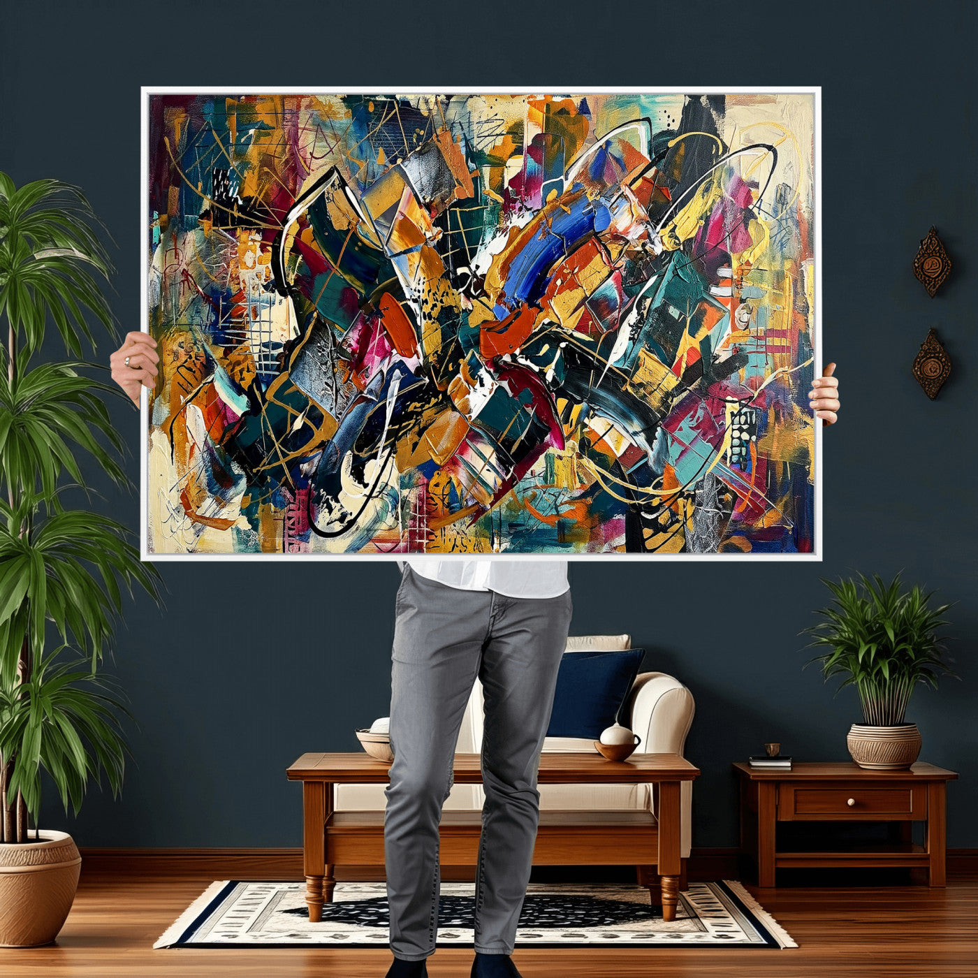 15525527-MGV-CV-36X24 - Geometric Abstract Wall Art Canvas Print, Orange Blue Abstract Expressionist Painting Print, Modern Geometric Abstract Canvas Art
