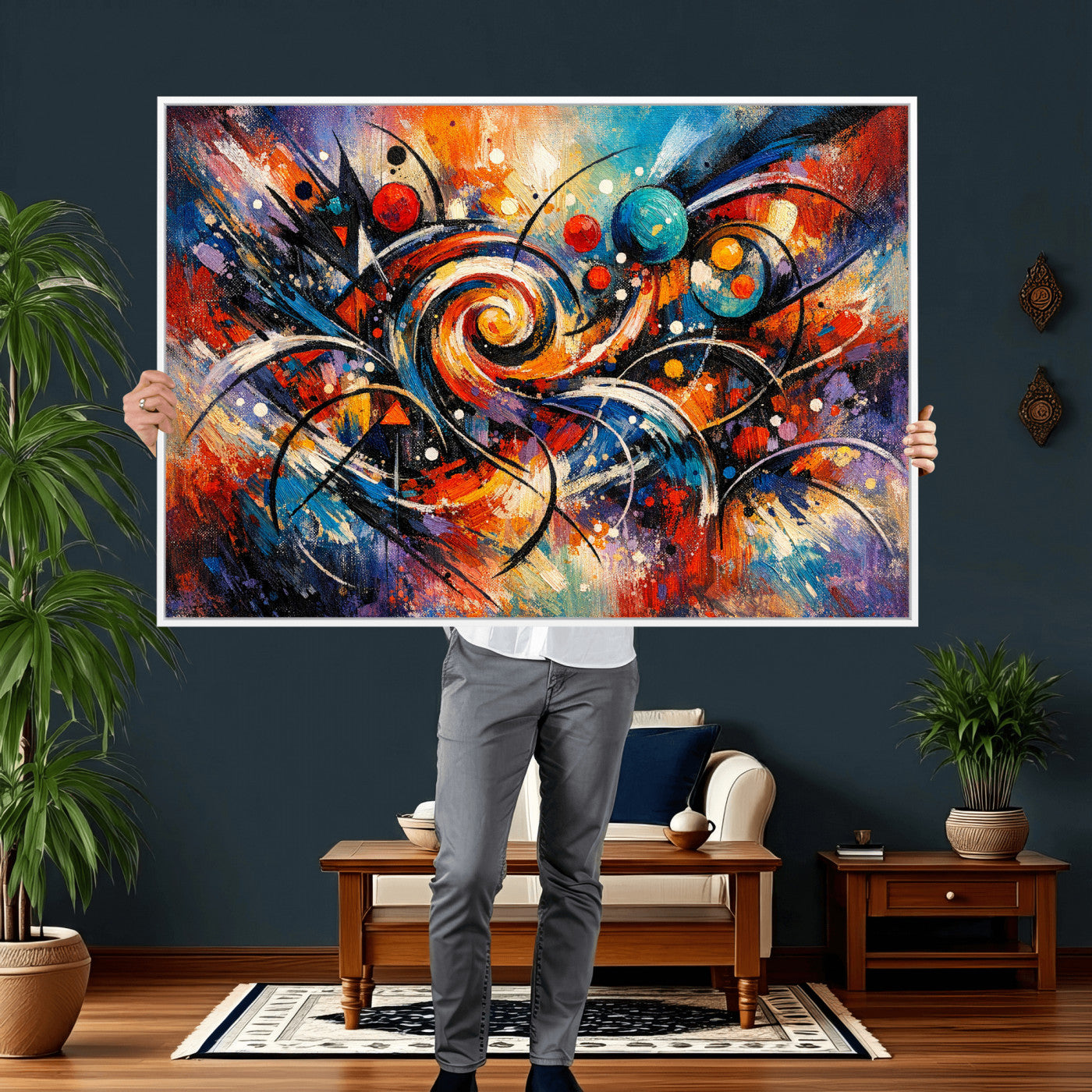 60193267-MGV-CV-36X24 - Geometric Abstract Wall Art Canvas Print, Orange Blue Abstract Expressionist Painting Print, Modern Geometric Abstract Canvas Art