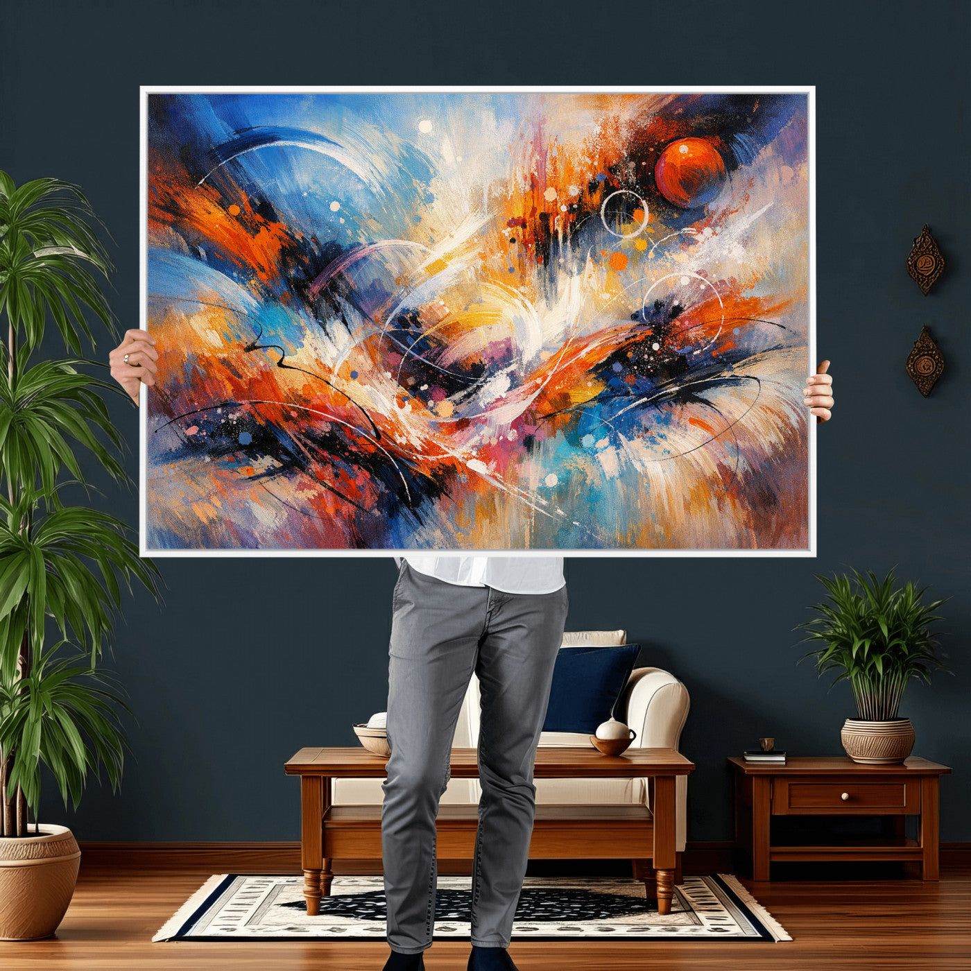 47770355-MGV-CV-36X24 - Geometric Abstract Wall Art Canvas Print, Orange Blue Abstract Expressionist Painting Print, Modern Geometric Abstract Canvas Art