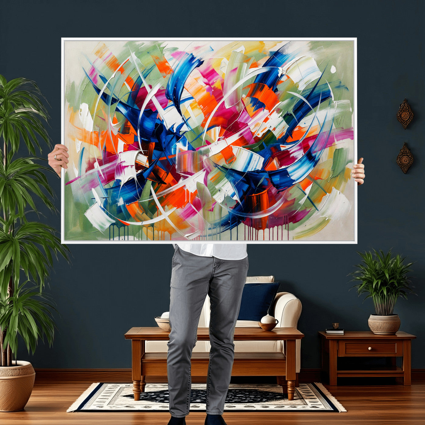 15032888-MGV-CV-36X24 - Geometric Abstract Wall Art Canvas Print, Orange Blue Abstract Expressionist Painting Print, Modern Geometric Abstract Canvas Art