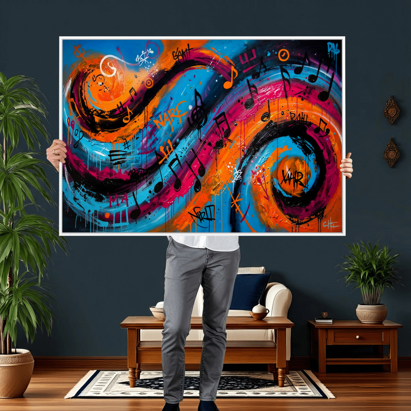 34936518-MGV-CV-36X24 - Geometric Abstract Wall Art Canvas Print, Orange Blue Abstract Expressionist Painting Print, Modern Geometric Abstract Canvas Art