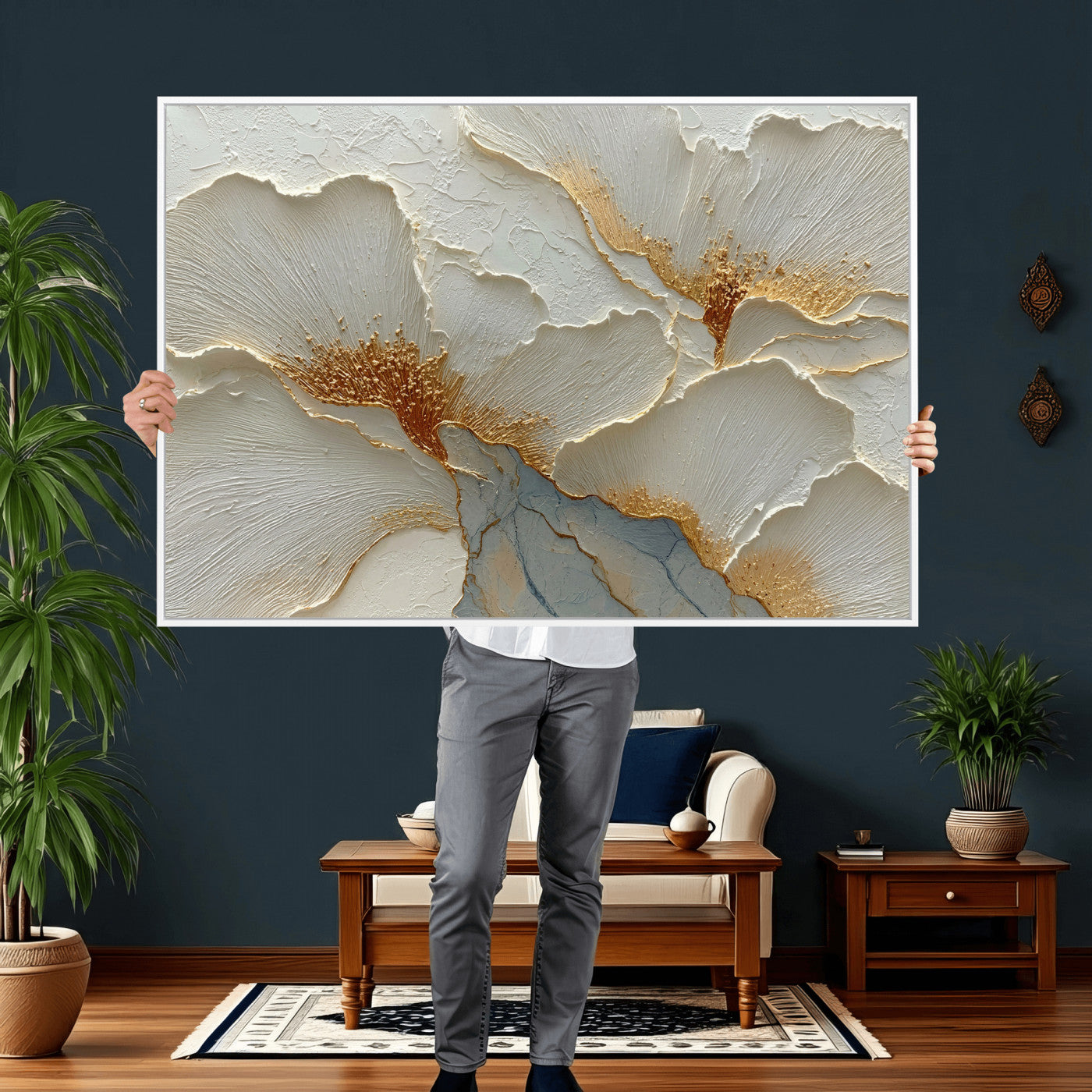 4712069F1-MGV-CV-36X24 - White Gold Floral Canvas Wall Art — Textured Flower Print | Luxury Botanical Decor | Elegant Bedroom Art | Gold Leaf Wall Art Gift