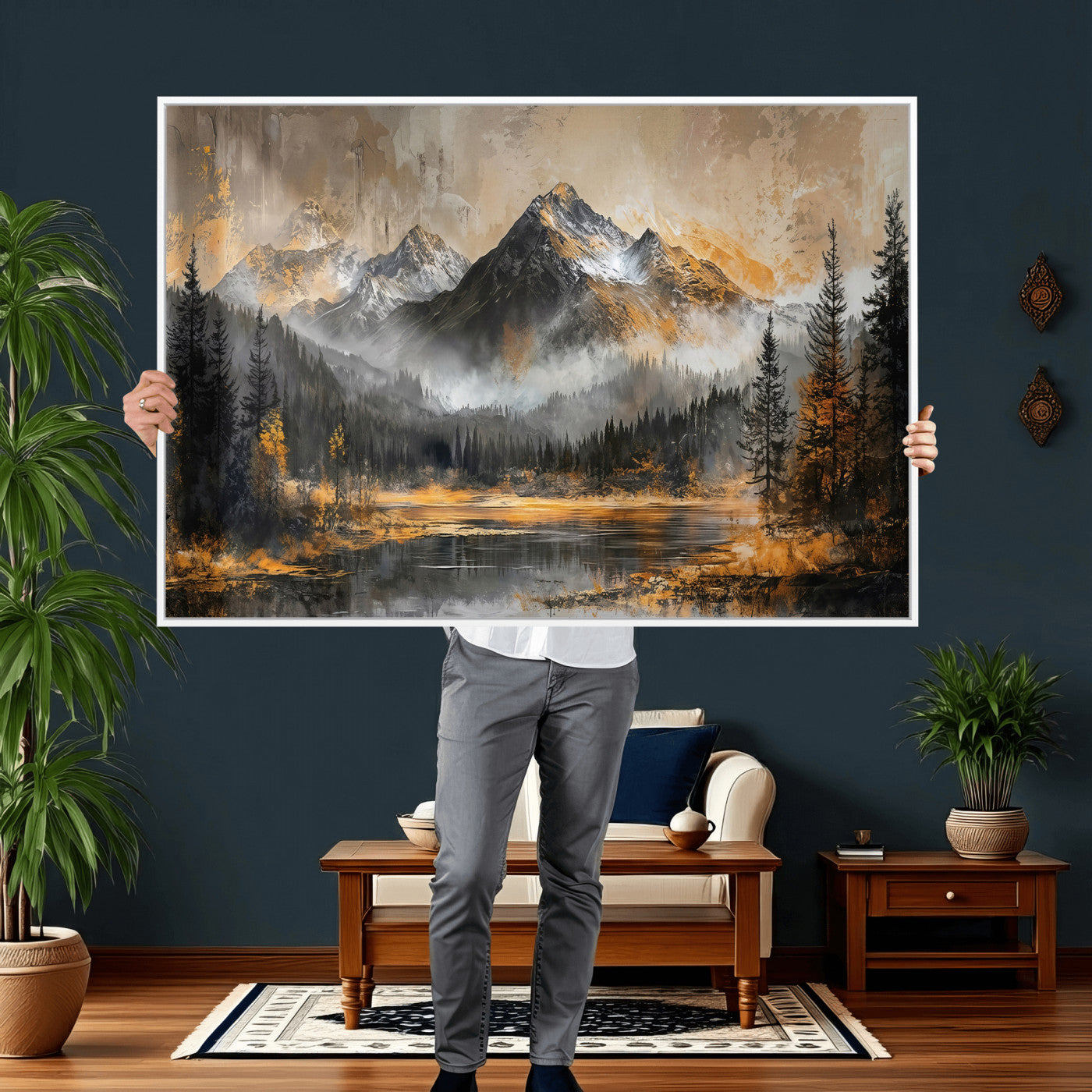 4712069D1-MGV-CV-36X24 - Mountain Lake Canvas Wall Art — Rustic Forest Landscape Print | Gold Grey Nature Decor | Cabin Wall Art | Large Wilderness Art Print Gift
