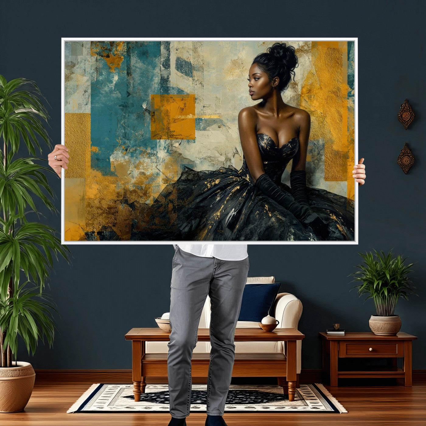 4712069Z21-MGV-CV-36X24 - Elegant Woman Canvas Wall Art — Black Gold Gown Fashion Print | Luxury Glam Wall Decor | African American Art | Bold Bedroom Wall Art Gift