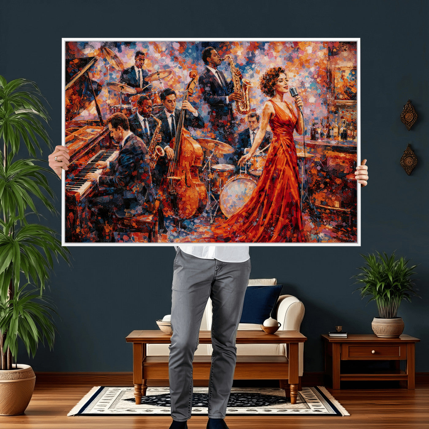 620930SF20-MGV-CV-36X24 - Jazz Band Canvas Wall Art — Jazz Club Singer Saxophone Print | Music Wall Decor | Bar Restaurant Art | Music Lover Gift | Jazz Home Decor