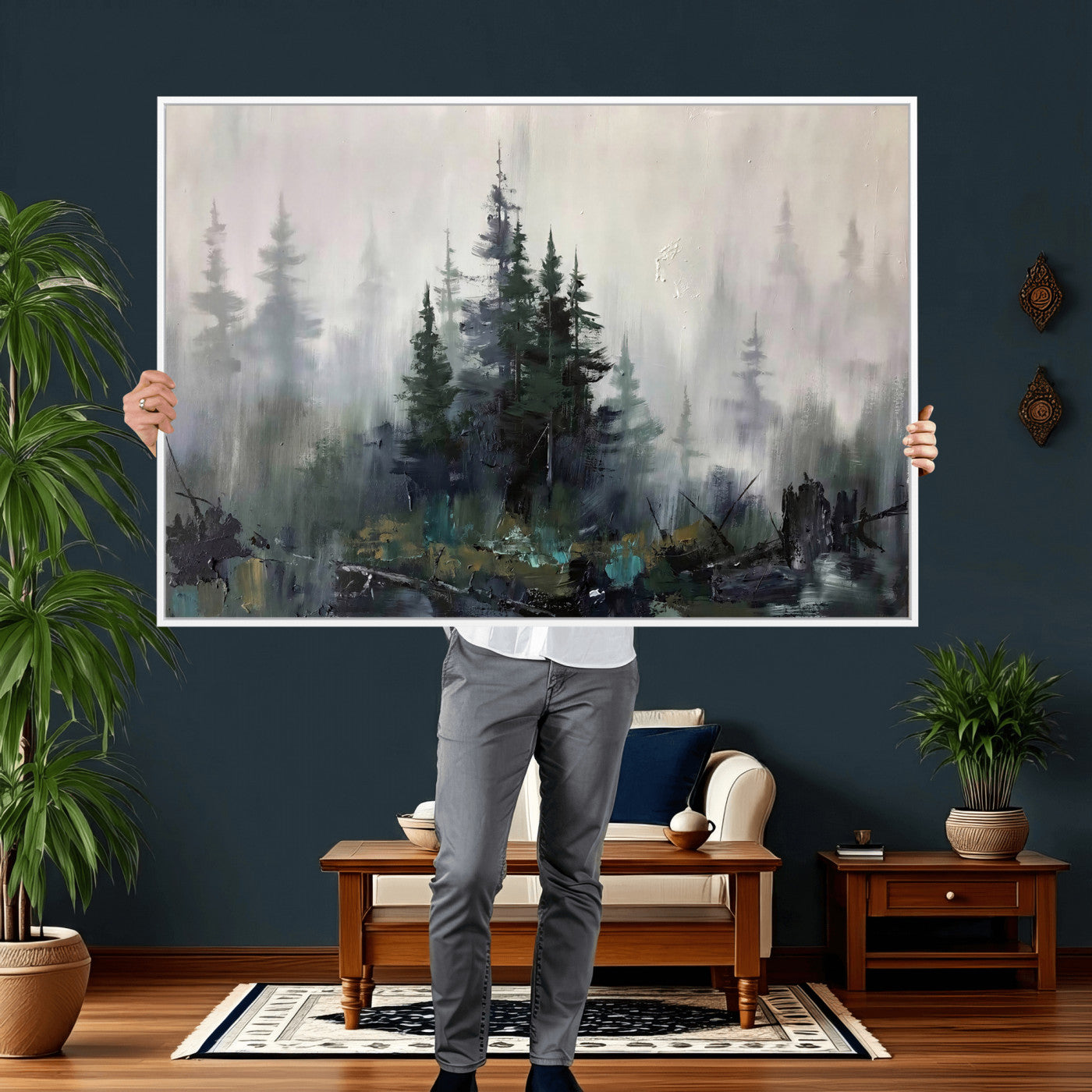 94143325-MGV-CV-36X24 - Misty Pine Forest Oil Painting Canvas — Dark Moody Teal Grey Tree Print | Japandi Scandinavian Wall Art | Minimalist Nature Decor Gift