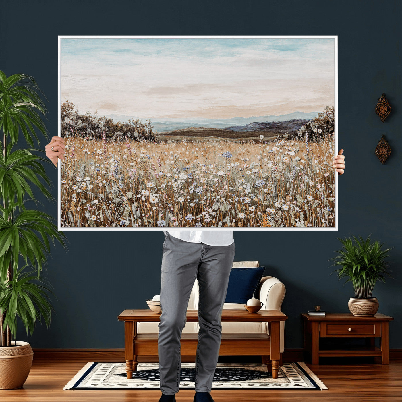 F35773805-MGV-CV-36X24 - Neutral Wildflower Field Canvas Wall Art — Beige Earth Tone Botanical Meadow Print | Farmhouse Boho Decor | Bedroom Living Room Gift Her