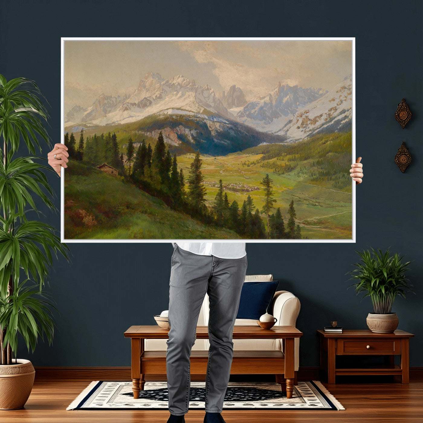 23120262-MGV-CV-36X24 - Konrad Petrides Sexten Village Canvas Print, Alpine Mountain Valley Painting, Dolomites Landscape Art