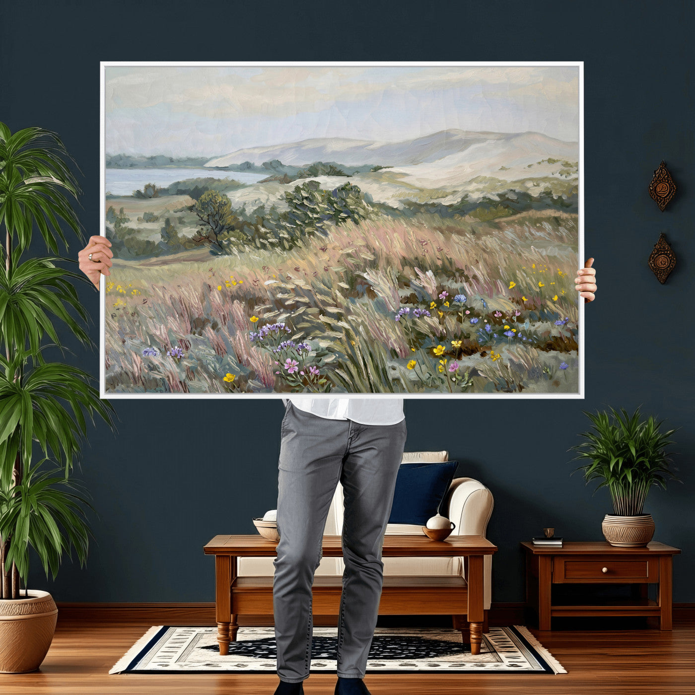 18013232-MGV-CV-36X24 - Katie Staples Hillside Canvas Wall Art — Coastal Wildflower Dune Oil Painting Print | Muted Green Nature Decor | Plein Air Landscape Gift