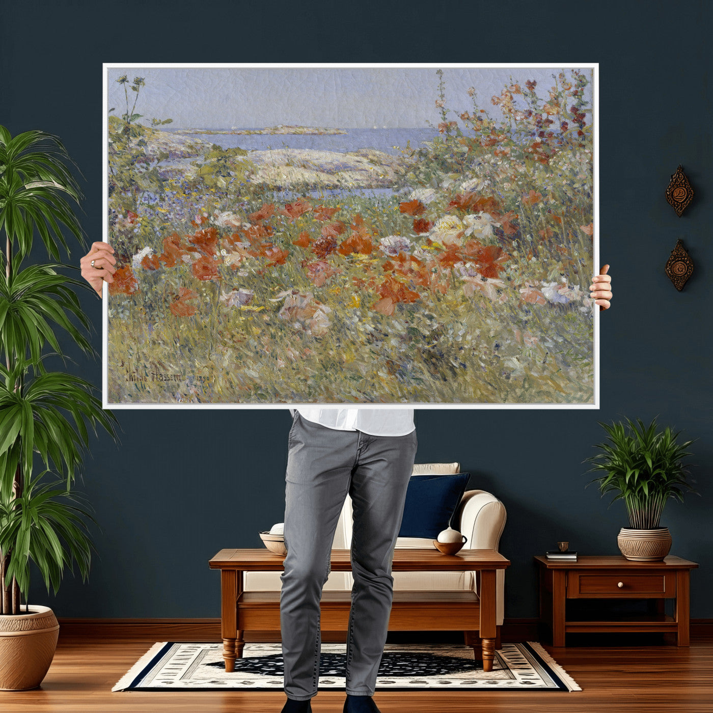 54770907-MGV-CV-36X24 - Childe Hassam Celia Thaxter Garden Canvas — 1890 American Impressionist Poppy Floral Print | Isles of Shoals Coastal Art | Classic Gift