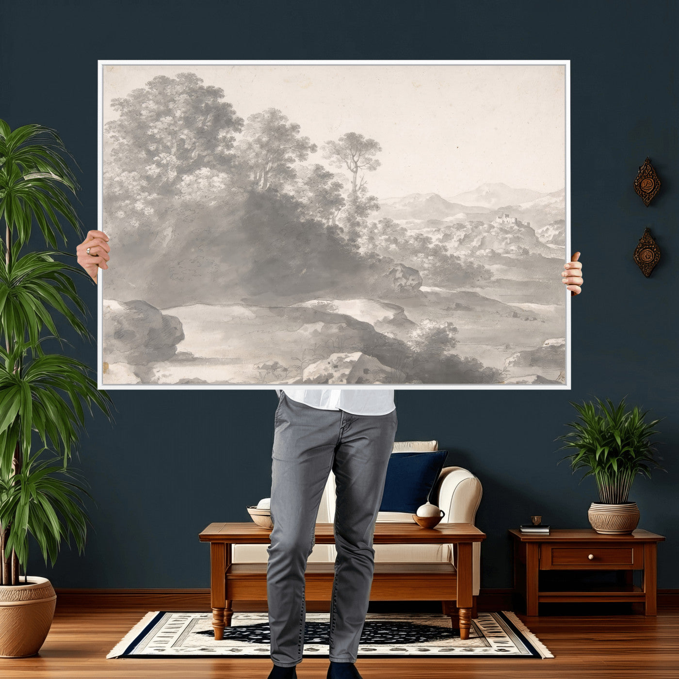 33041209-MGV-CV-36X24 - Van Poelenburch Landscape Canvas Wall Art — Dutch Golden Age Gray Wash Drawing Print | Baroque Italianate Nature Decor | Old Master Classic Gift