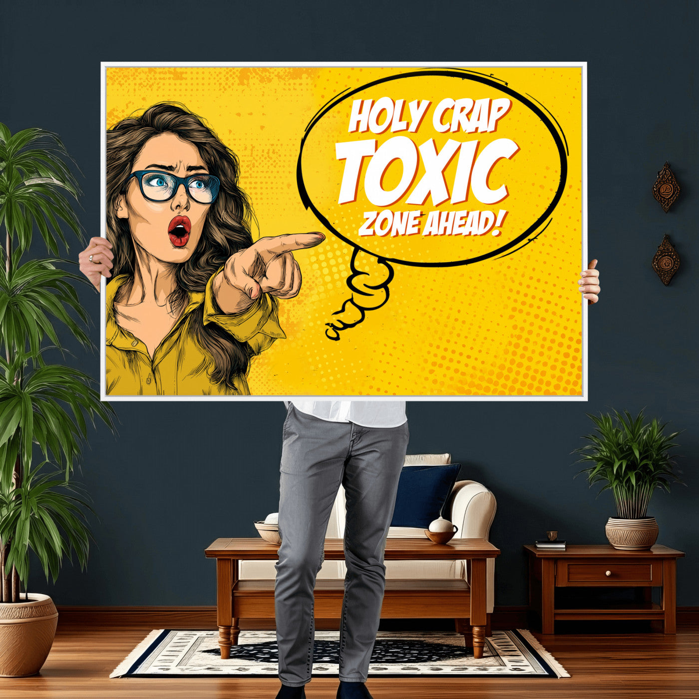 79751885-MGV-CV-36X24 - Pop Art Print Bathroom Sign Wall Art Canvas Print — Funny Bathroom Canvas | Comic Style Toilet Wall Decor | Humor Gift | Yellow Bold Bathroom Art