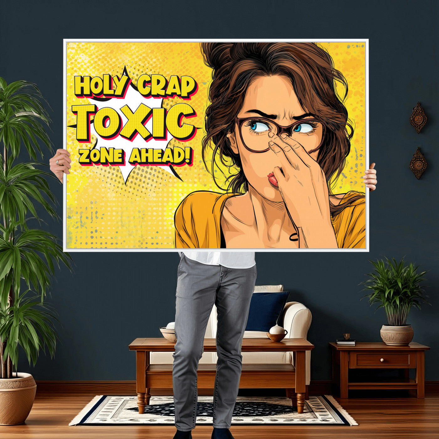 96263876-MGV-CV-36X24 - Pop Art Print Bathroom Sign Wall Art Canvas Print — Funny Bathroom Canvas | Comic Style Toilet Wall Decor | Humor Gift | Yellow Bold Bathroom Art