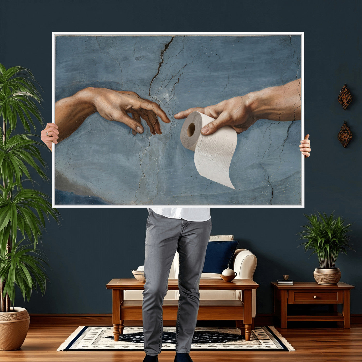 42648143-MGV-CV-36X24 - Funny Bathroom Canvas Wall Art, Michelangelo Creation of Adam Toilet Paper Parody, Renaissance Humor Print, Quirky Housewarming Gift, Toilet Room Decor