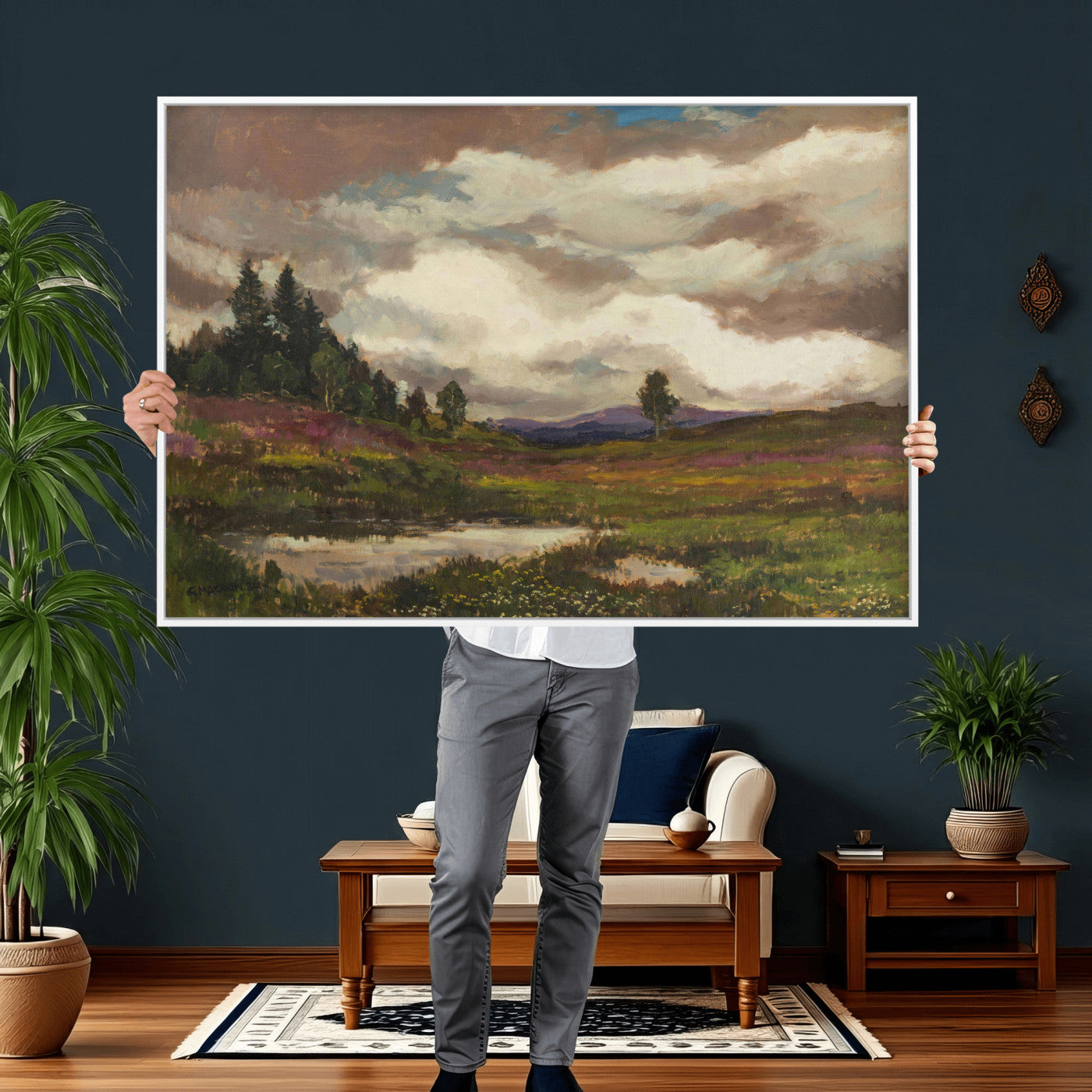 96795851-MGV-CV-36X24 - Gustav Macoun Heathland Canvas Print, Czech Landscape Oil Painting Reproduction, Purple Heather Moorland Art, Vintage European Nature Decor