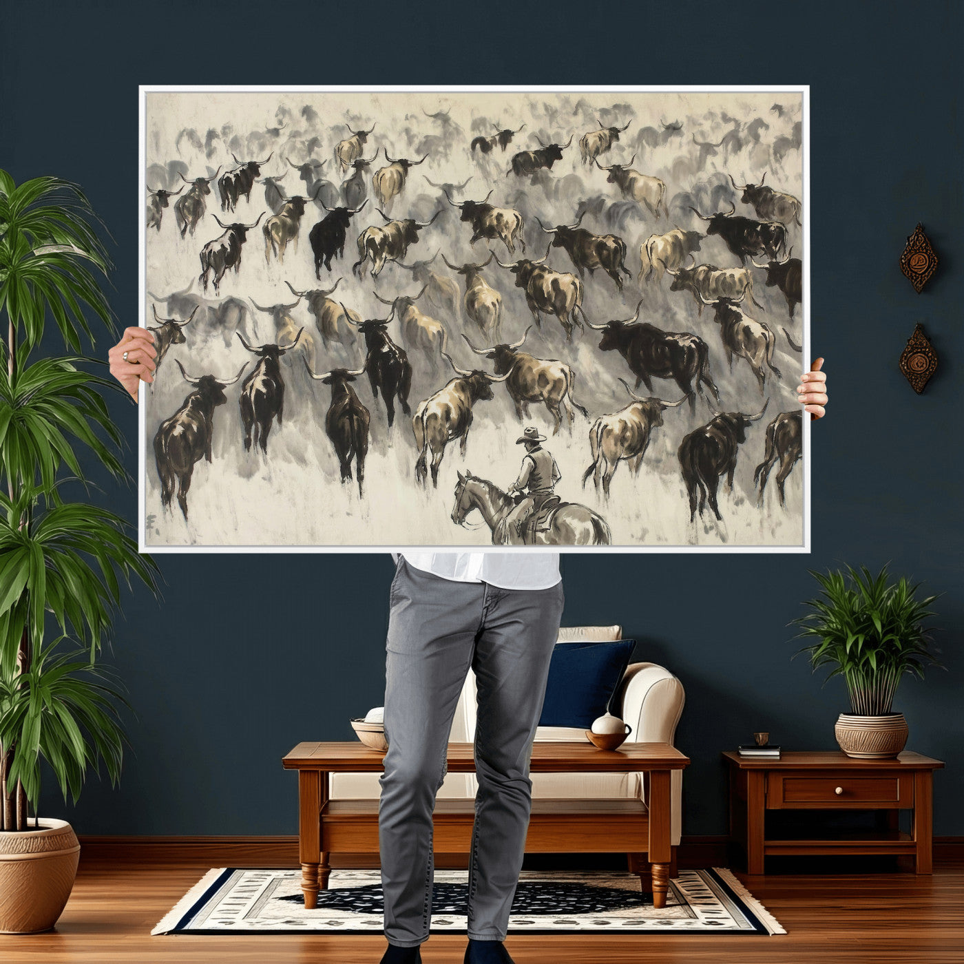 48049876-MGV-CV-36X24 - Cowboy Cattle Drive Canvas Wall Art, Western Longhorn Herd Ink Painting Print, Ranch Rodeo Decor, Black White Western Art, Large Living Room Art