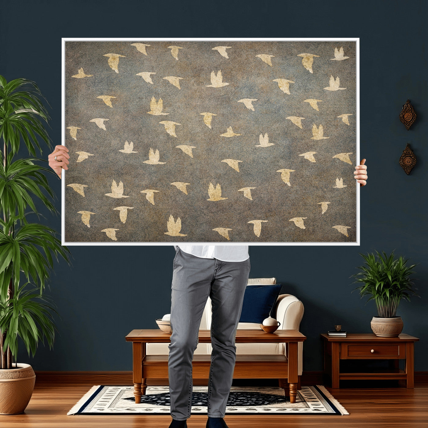 74076164-MGV-CV-36X24 - Flying Birds Canvas Wall Art, Vintage Bird Flock Pattern Print, Grey Gold Abstract Nature Decor, Rustic Bird Silhouette Art, Boho Living Room Decor