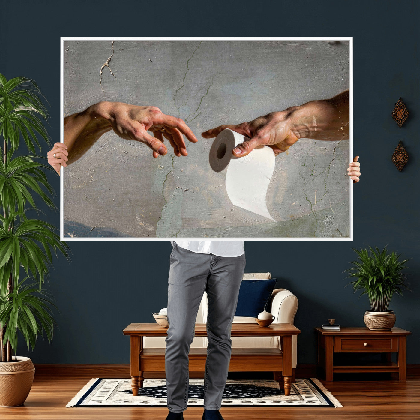 72030048-MGV-CV-36X24 - Funny Bathroom Wall Art Canvas, Creation of Toilet Paper Parody Print, Renaissance Humor Decor, Toilet Room Art, Quirky Housewarming Gift, Classic Art Spoof