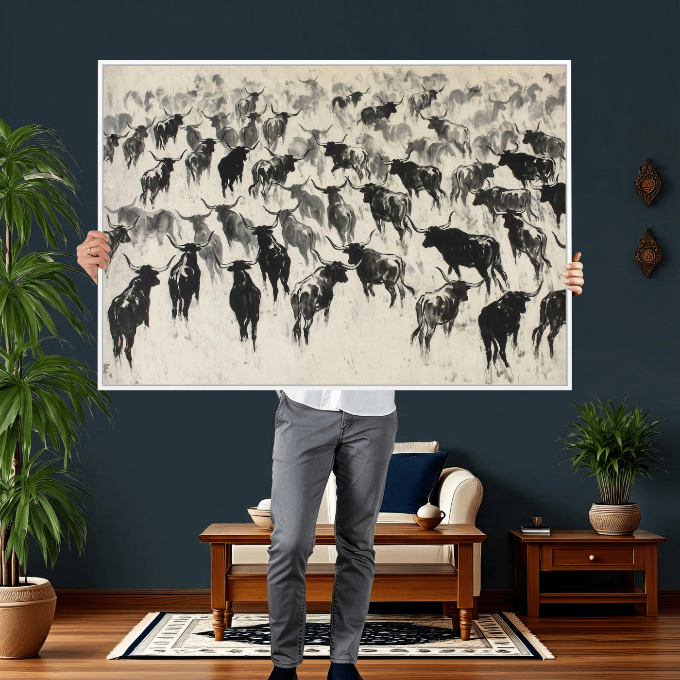68669792-MGV-CV-36X24 - Longhorn Cattle Canvas Wall Art, Black White Stampede Ink Painting Print, Western Farmhouse Decor, Bull Herd Art, Large Living Room Wall Art, Ranch Home Decor