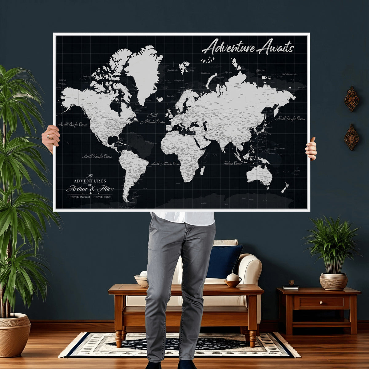19855445B-MGV-CV-36X24 - Personalized Black Push Pin Travel Map Canvas Print, Couples Countries Visited Map, Entryway and Hallway Decor