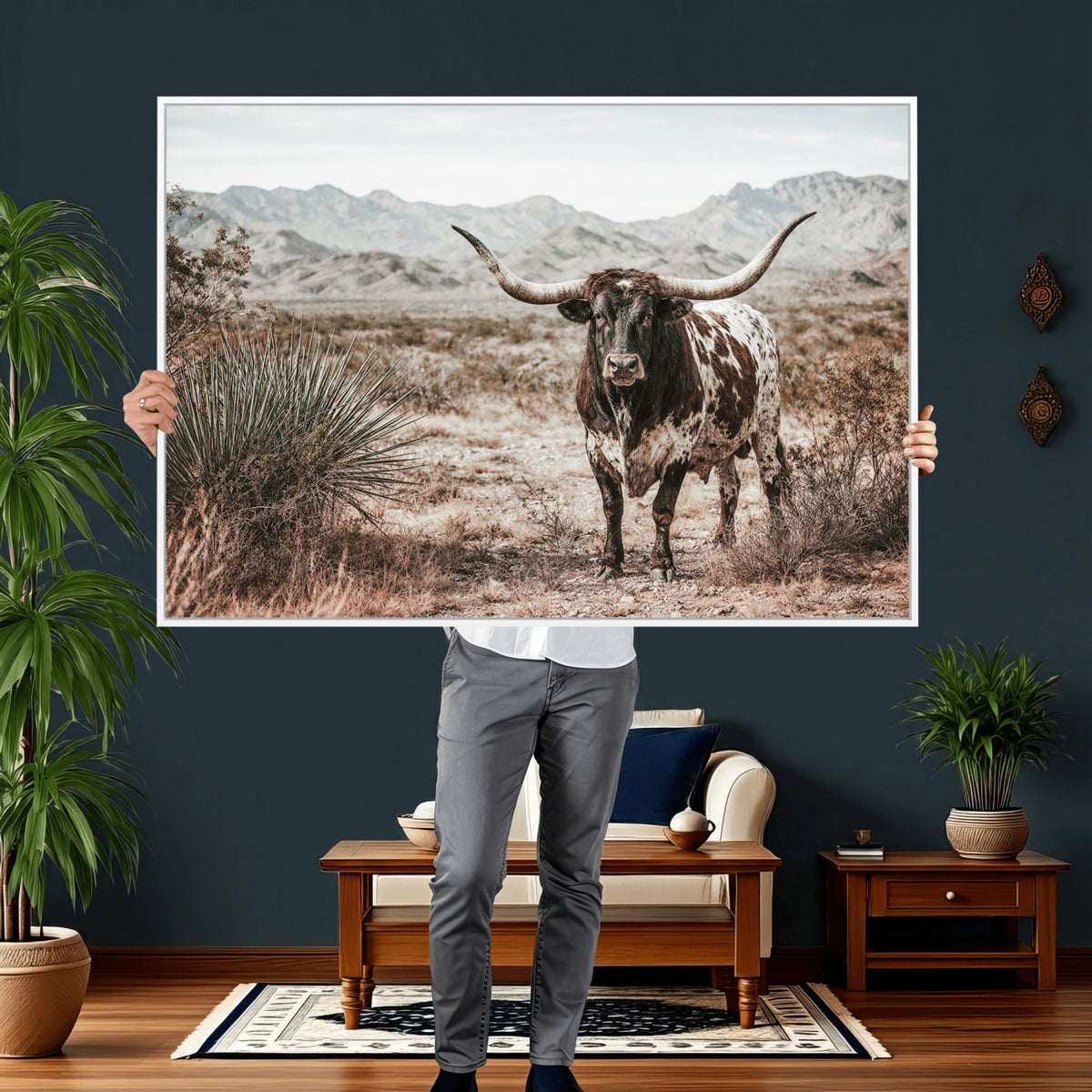 17622011H-MGV-CV-36X24 - Texas Longhorn Bull Wall Art Canvas Print, Western Farmhouse Cowboy Decor, Rustic Texas Ranch Cattle Artwork for Living Room Bedroom Office, Framed Wall Decor