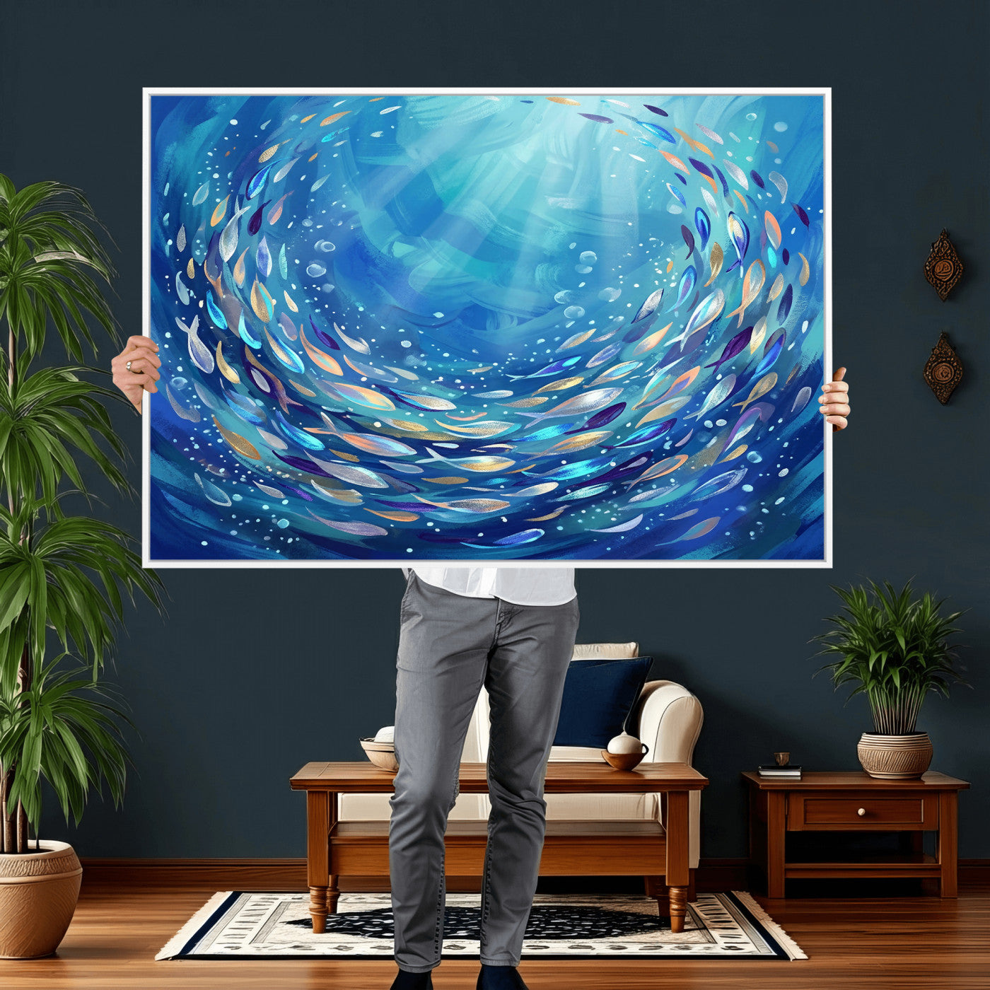 78699899-MGV-CV-36X24 - School of Fish Canvas Print | Blue Ocean Underwater Wall Art | Swirling Fish Shoal Illustration | Marine Navy Coastal Decor