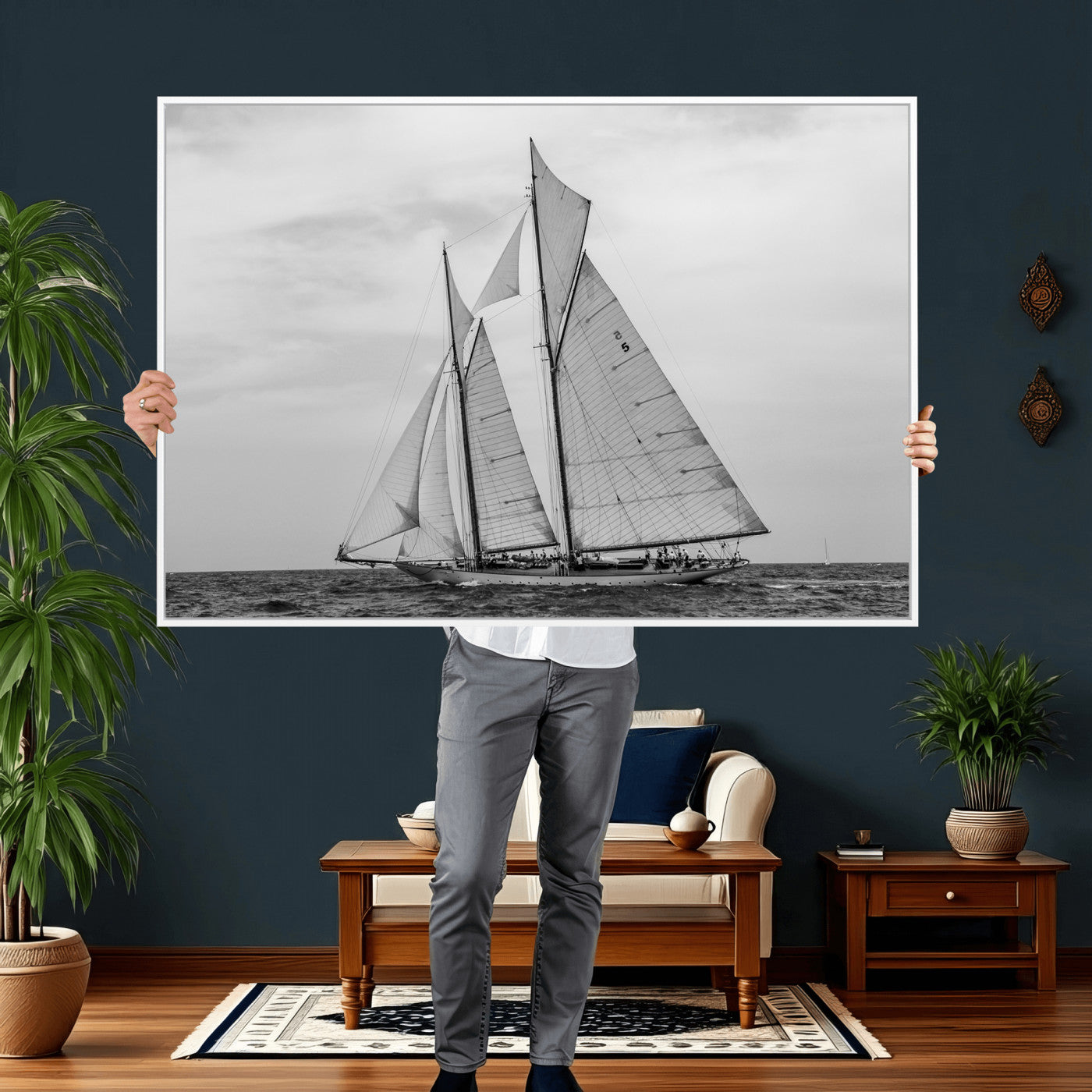 52882918-MGV-CV-36X24 - Vintage Sailboat Wall Art Canvas Print, Black and White Schooner Framed Artwork, Nautical Ocean Sailing Decor for Living Room Office Beach House