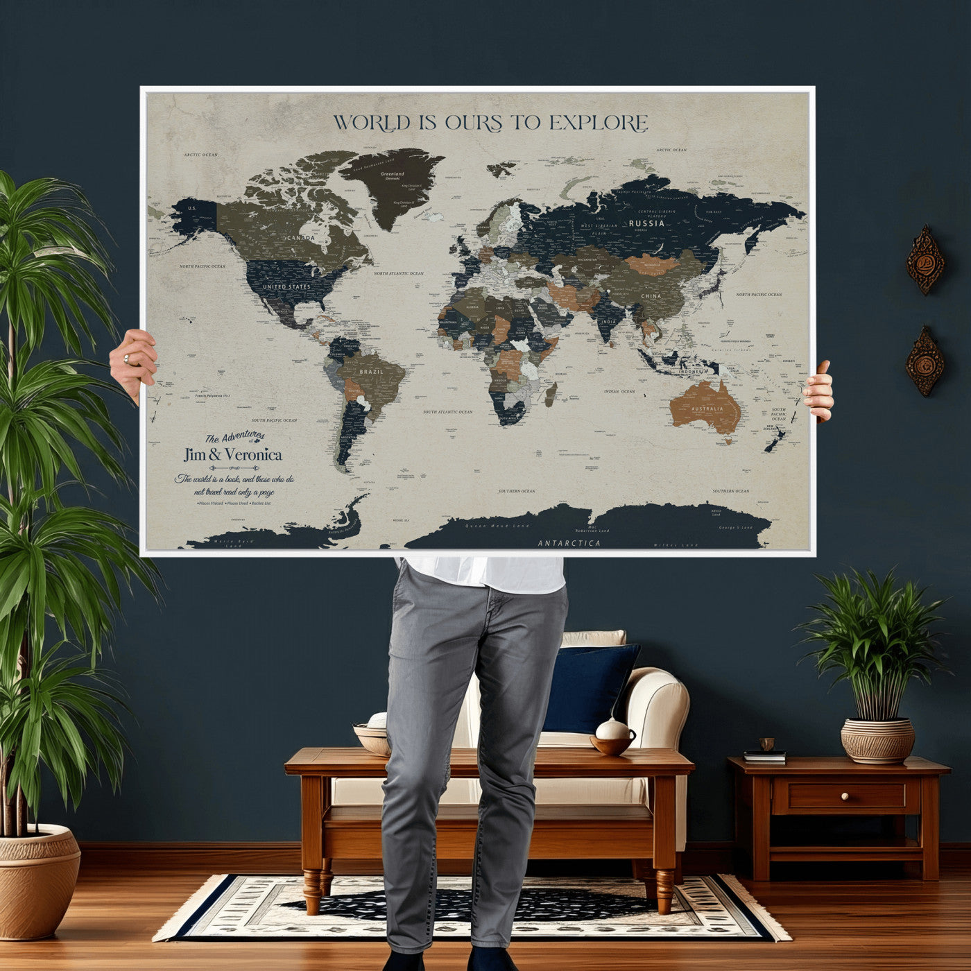 64110391126C-MGV-CV-36X24 - Custom Push Pin World Map Wall Art Canvas Print – Personalized Travel Tracker with Pins Framed Large for Home and Office Decor