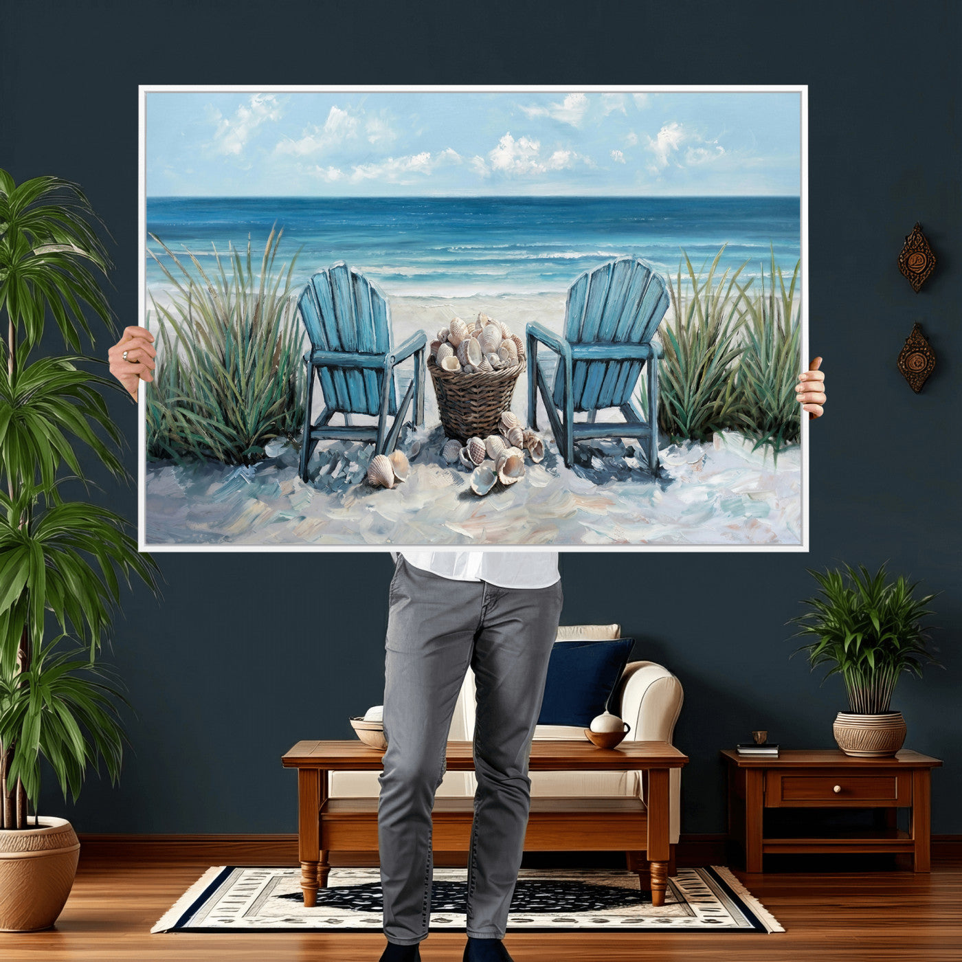 11973028-MGV-CV-36X24 - Beach Canvas Wall Art Coastal Adirondack Chairs Ocean Seashells Blue Nautical Framed Large for Living Room Bedroom Bathroom Decor