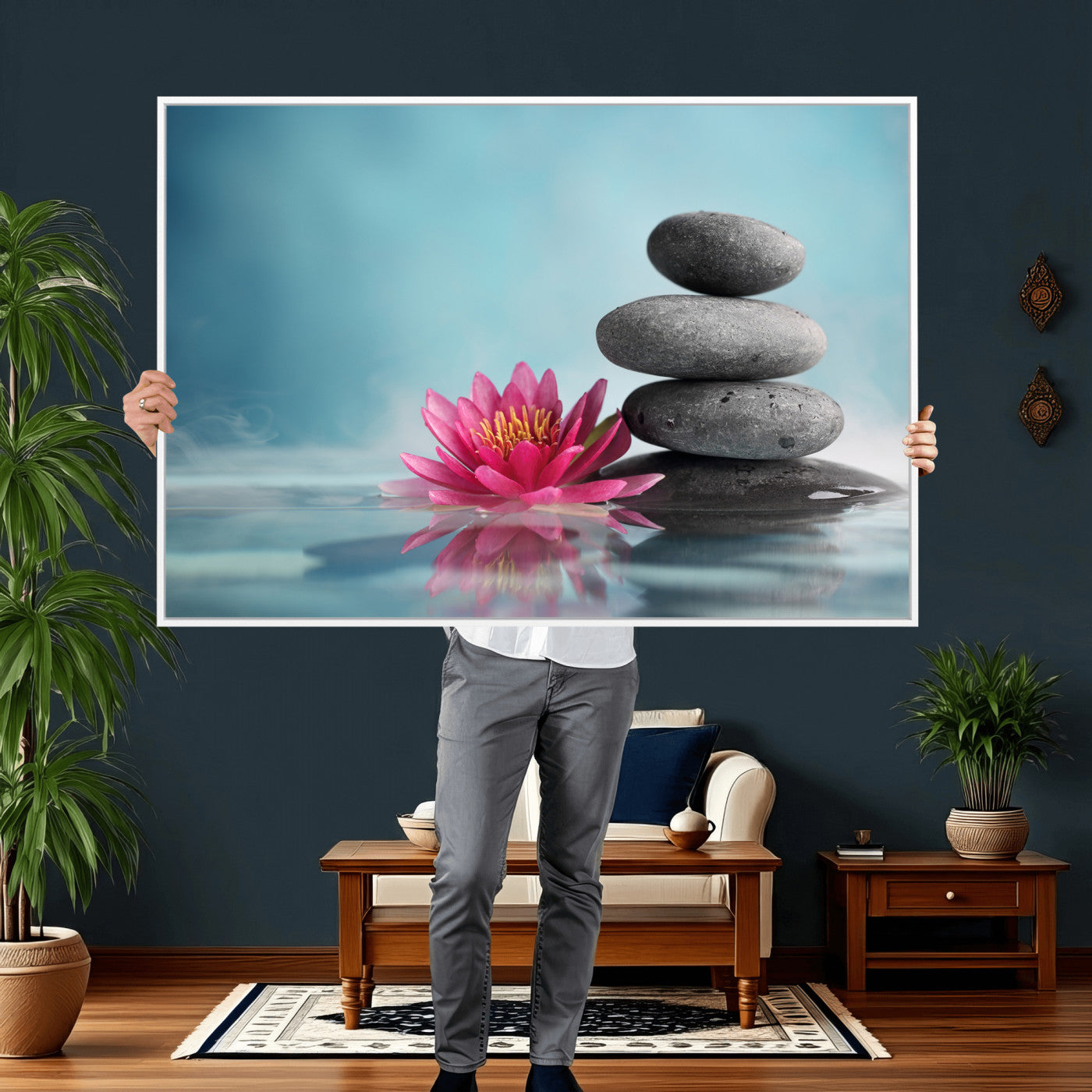 84293154-MGV-CV-36X24 - Zen Canvas Wall Art Lotus Flower Stacked Stones Teal Spa Meditation Relaxation Framed Large for Bathroom Bedroom Living Room Office Decor