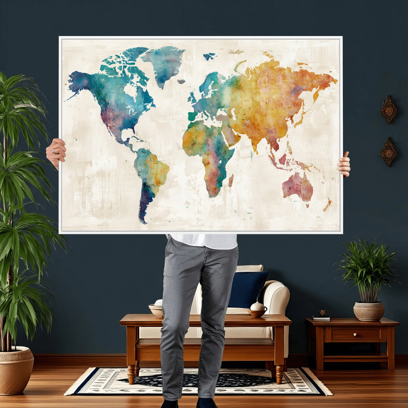 56556018-MGV-CV-36X24 - Watercolor World Map Canvas Wall Art Print – Abstract Colorful Travel Wall Decor