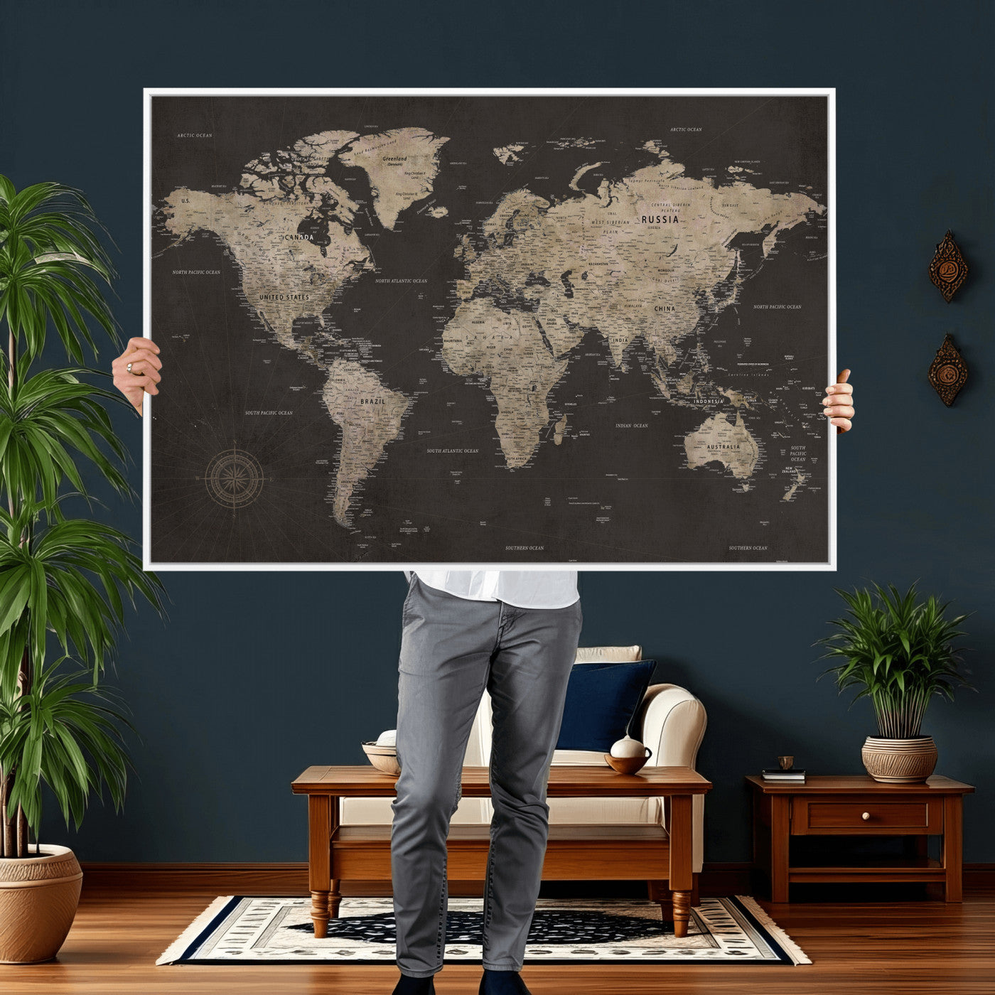 56556018136-MGV-CV-36X24 - World Map Canvas Wall Art Dark Charcoal Antique Tan Detailed Every Country Labeled Framed Large for Home Office Living Room Bedroom Decor