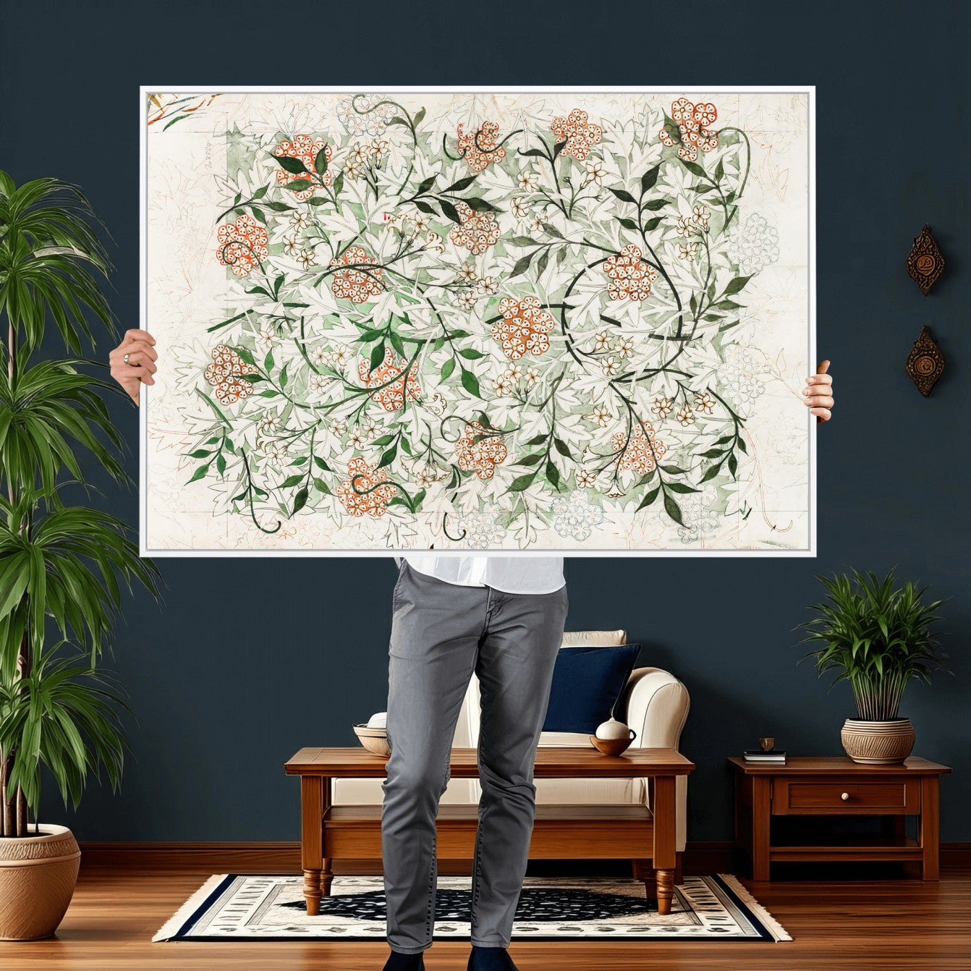17622011W-MGV-CV-36X24 - William Morris Jasmine Flower Wall Art Canvas Print, Botanical Floral Canvas Print, Vintage Cottagecore Wall Decor, Framed Nature Artwork Ready to Hang