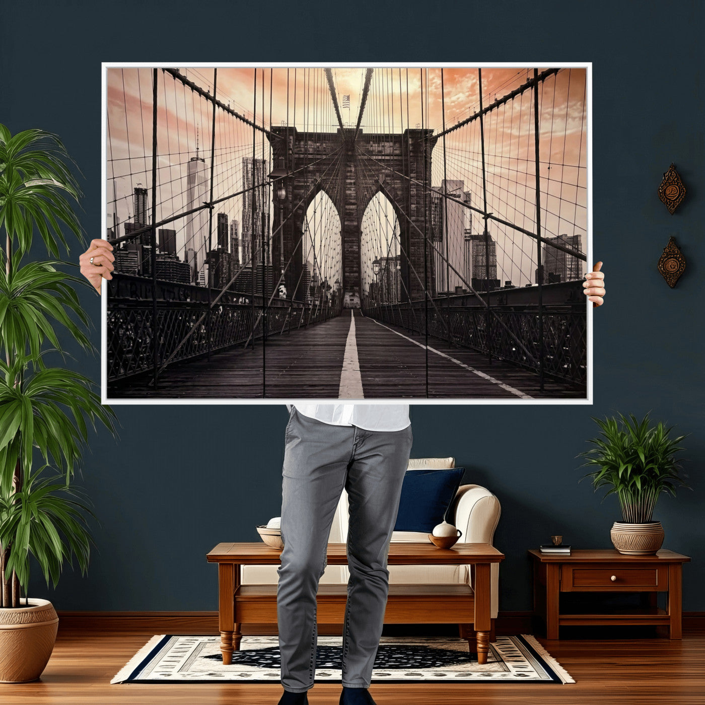 93226664-MGV-CV-36X24 - Brooklyn Bridge Canvas Wall Art, New York City Skyline Photography Print, NYC Landmark Urban Decor Artwork
