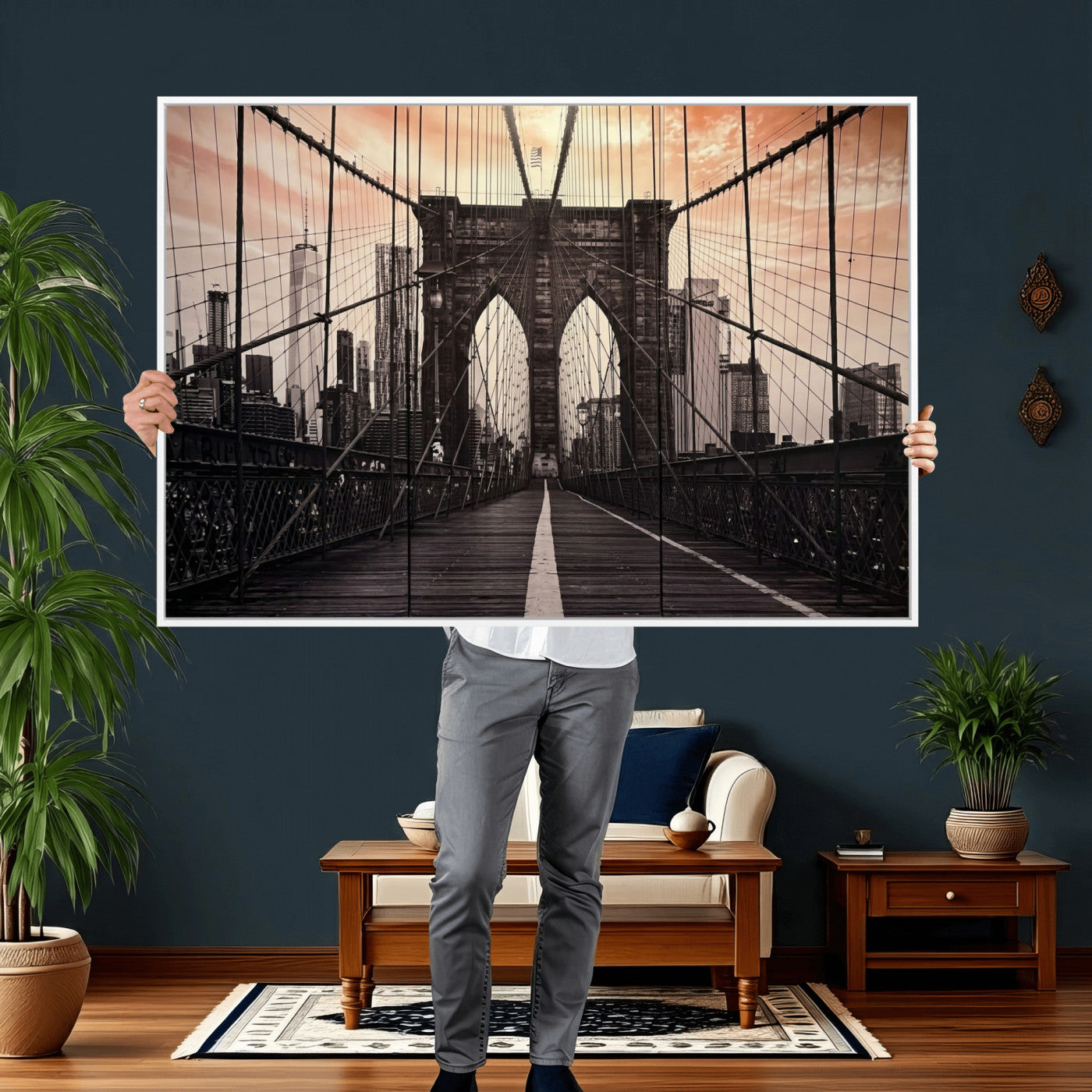 93226664-MGV-CV-36X24 - Brooklyn Bridge Canvas Wall Art, New York City Skyline Photography Print, NYC Landmark Urban Decor Artwork