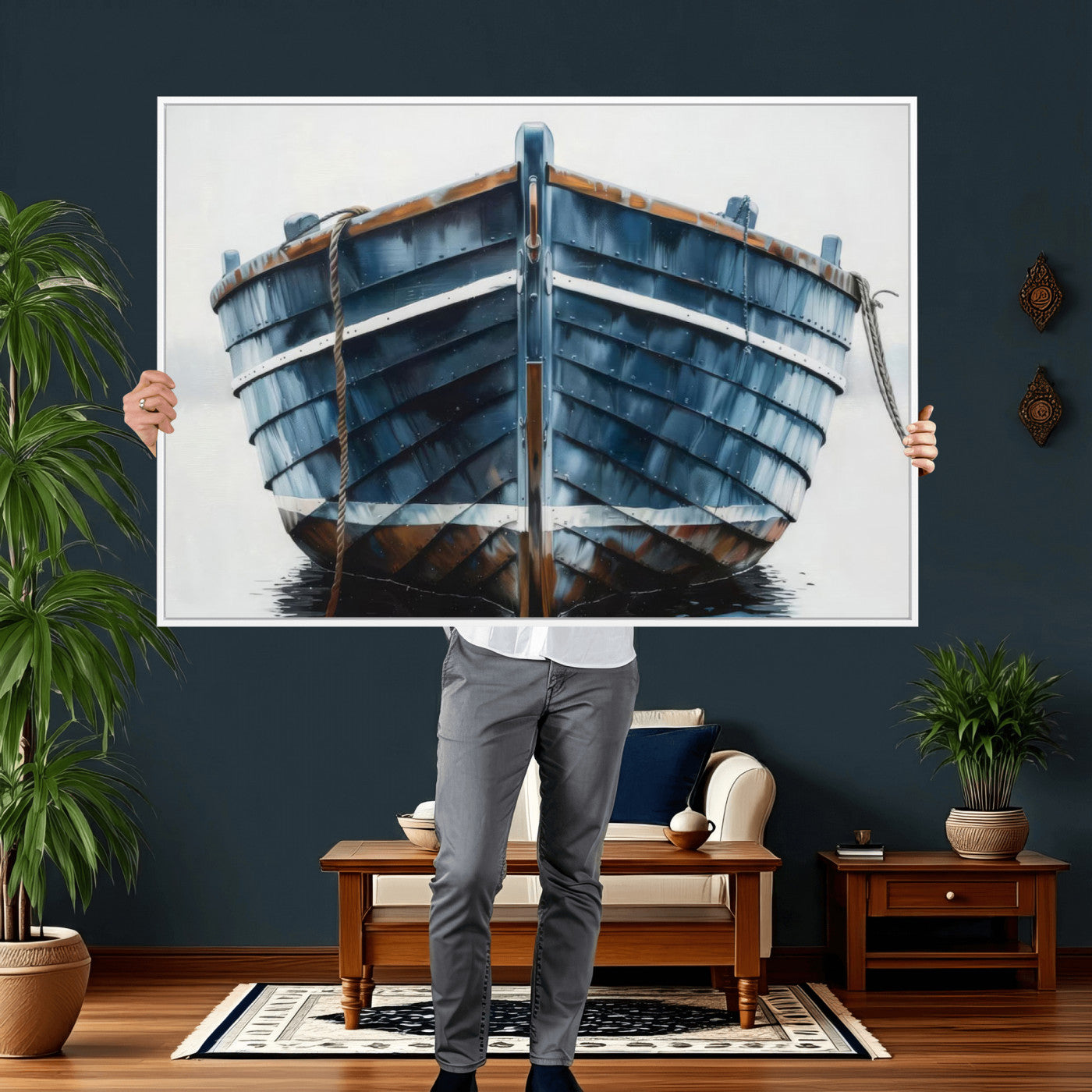 21601740-MGV-CV-36X24 - Blue Wooden Rowboat Canvas Wall Art, Coastal Nautical Boat Painting Print for Lake Beach House Decor, Minimalist Maritime Decor Artwork