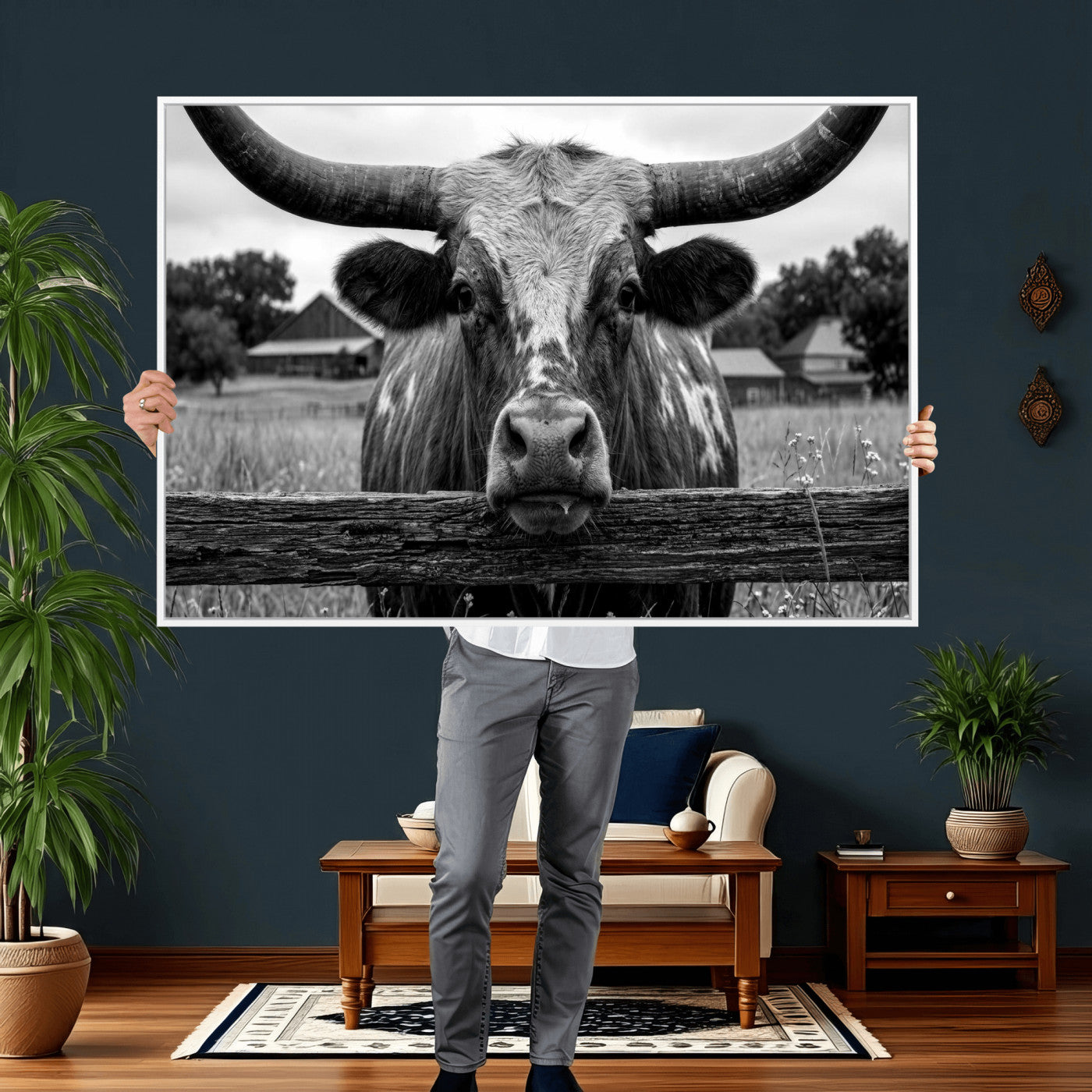 59378683B-MGV-CV-36X24 - Black White Texas Longhorn Bull Canvas Wall Art, Western Ranch Cattle Photography Print, Rustic Farmhouse Cowboy Decor Artwork