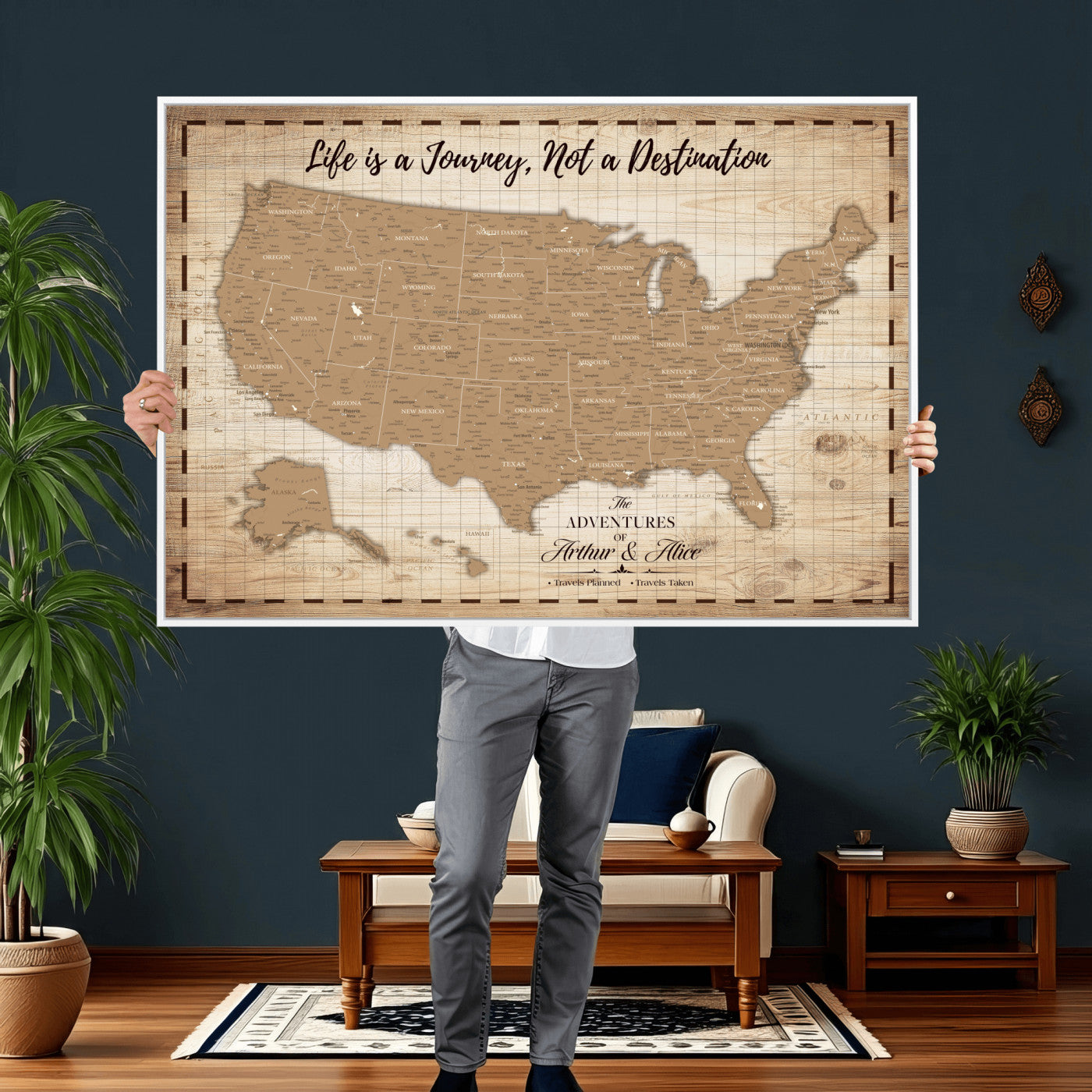 19102499-MGV-CV-36X24 - Personalized USA Push Pin Travel Map, Custom United States Map, Push Pin Map, USA Bucket List Map, Anniversary Gift | Couple Travel Map Wall Art