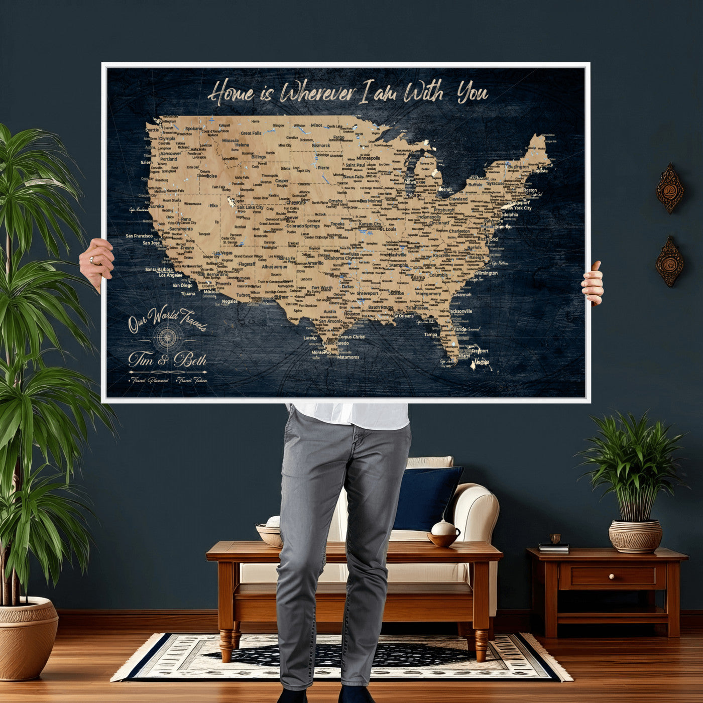 48467834-MGV-CV-36X24 - Custom Push Pin US Map Canvas | Personalized Travel Tracker | USA Cities Map Anniversary Gift for Couples | Adventure America Map Wall Art with Pins