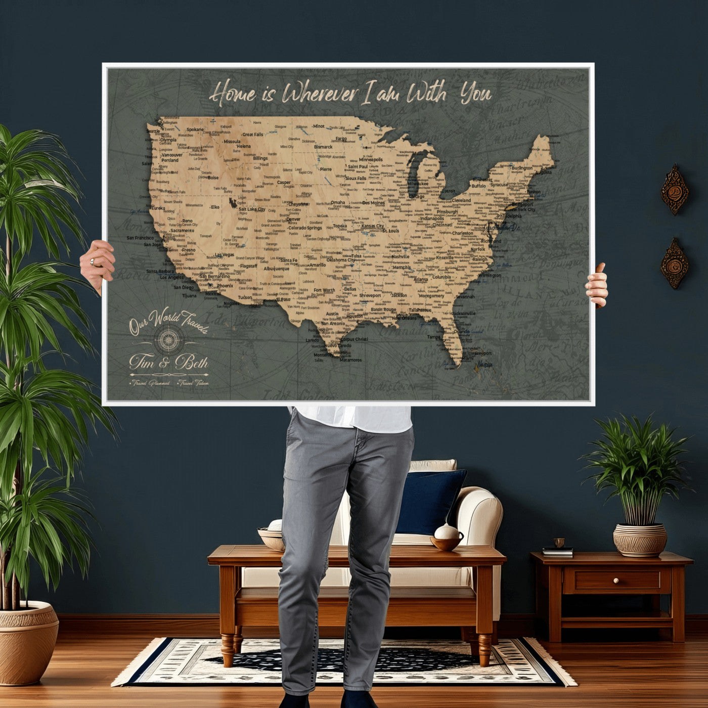 41270900-MGV-CV-36X24 - Custom Push Pin US Map Canvas | Personalized Travel Tracker | USA Cities Map Anniversary Gift for Couples | Adventure America Map Wall Art with Pins