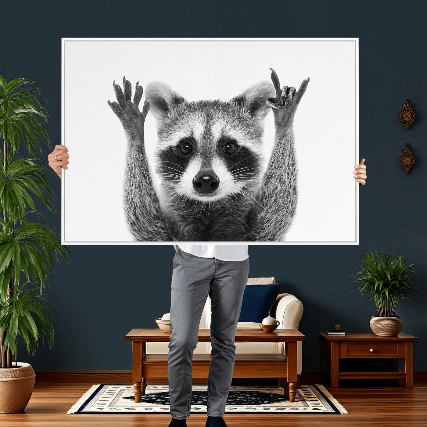 82392228-MGV-CV-36X24 - Funny Raccoon Canvas Wall Art, Black White Hands Up Animal Photo Print, Humorous Wildlife Decor, Kids Room Nursery Art, Quirky Animal Gift