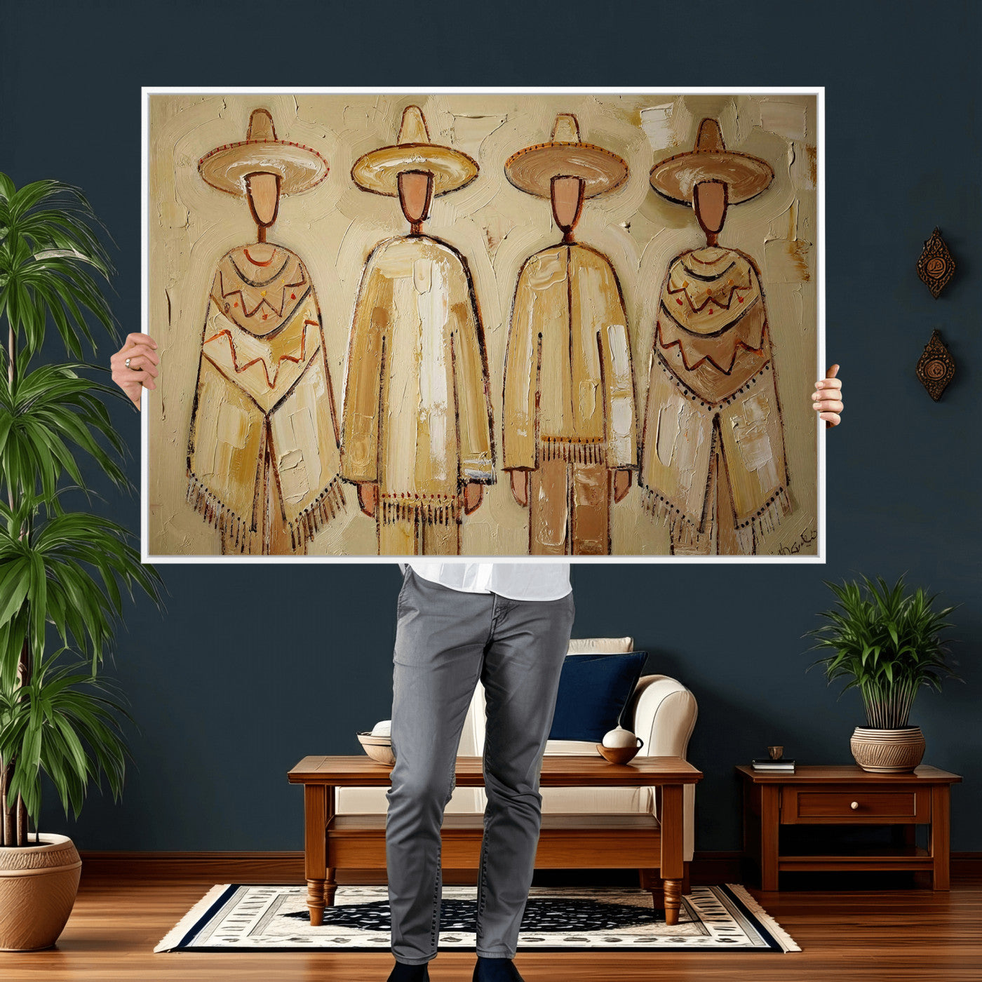 46071653-MGV-CV-36X24 - Mexican Folk Art Canvas Wall Art, Charro Poncho Sombrero Painting Print, Neutral Beige Boho Decor, Southwestern Impasto Style, Living Room Art