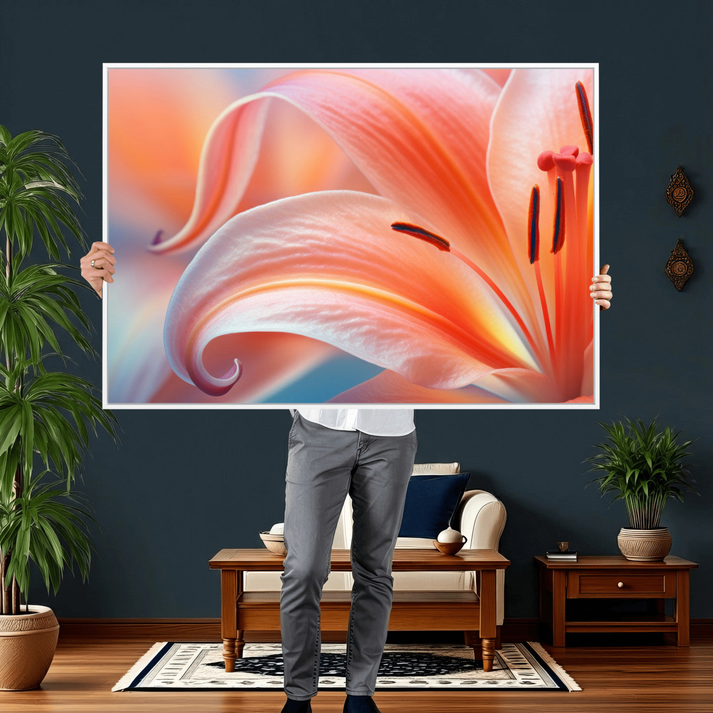 69566231-MGV-CV-36X24 - Peach Lily Canvas Wall Art, Coral Pink Flower Macro Photo Print, Botanical Bedroom Decor, Soft Floral Photography, Living Room Wall Art