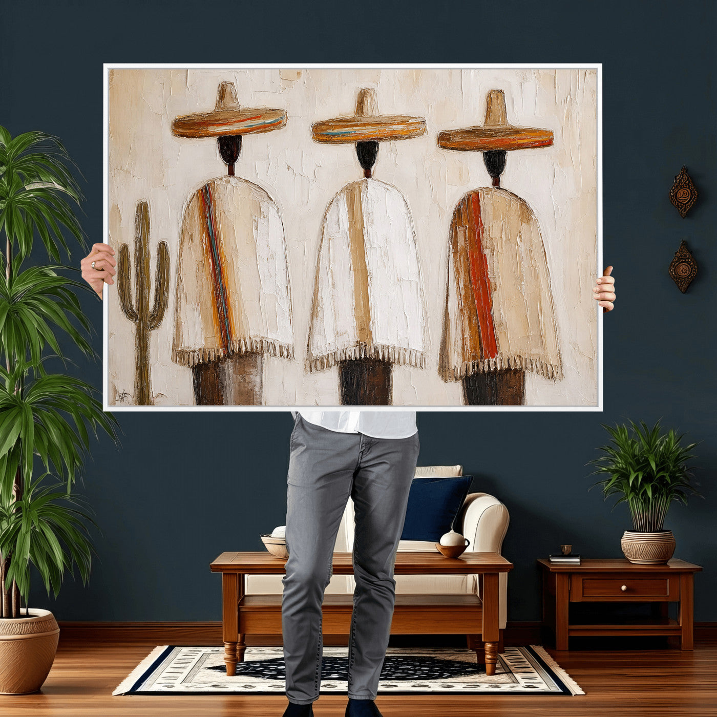 72884785-MGV-CV-36X24 - Mexican Folk Art Canvas Wall Art, Southwestern Sombrero Poncho Painting, Neutral Earthy Boho Decor, Fiesta Living Room Art, Impasto Style Print