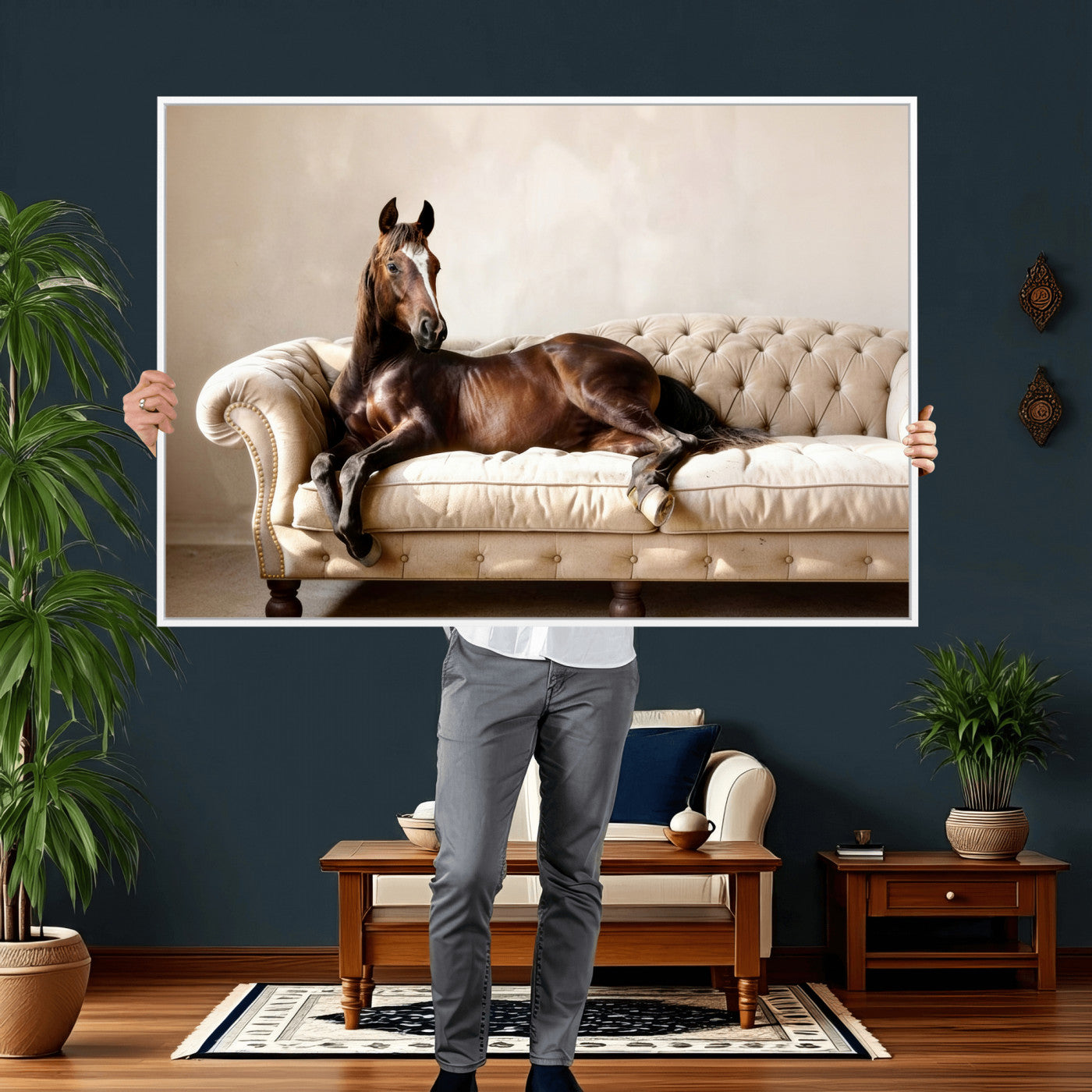 17716841-MGV-CV-36X24 - Funny Horse on Sofa Canvas Wall Art, Quirky Horse Lounging Photo Print, Whimsical Animal Decor, Living Room Conversation Art, Horse Lover Gift