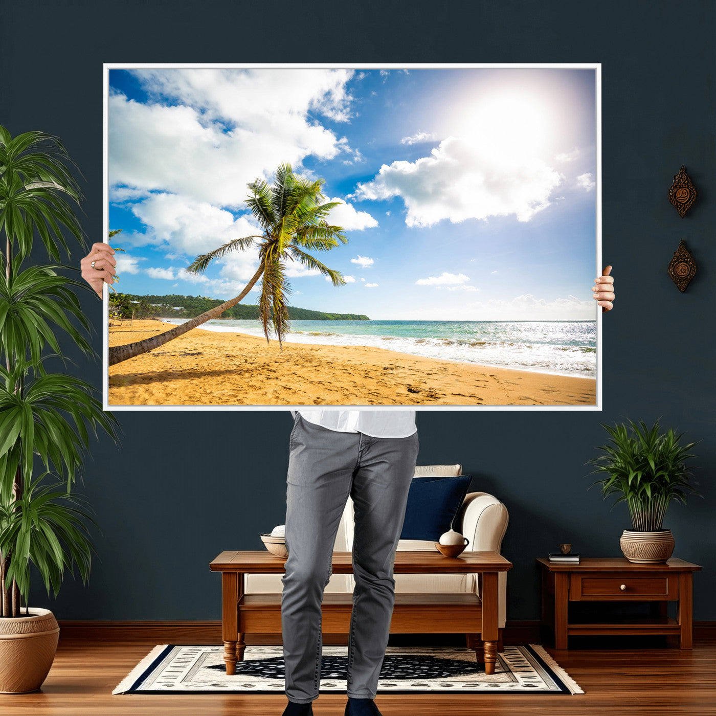 79108949-MGV-CV-36X24 - Tropical Beach Canvas Wall Art, Palm Tree Ocean Photo Print, Coastal Living Room Decor, Turquoise Sea Beach House Art, Summer Wall Art