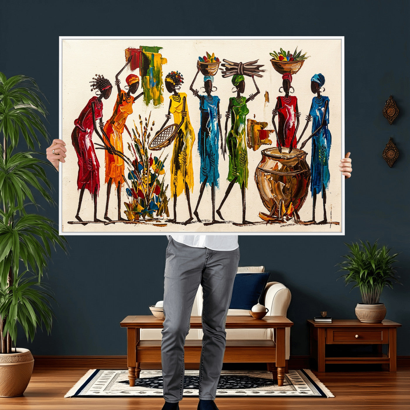 83463154-MGV-CV-36X24 - African Folk Art Canvas Wall Art, Colorful African Women Village Painting Print, Tribal Ethnic Home Decor, Vibrant African Art, Living Room