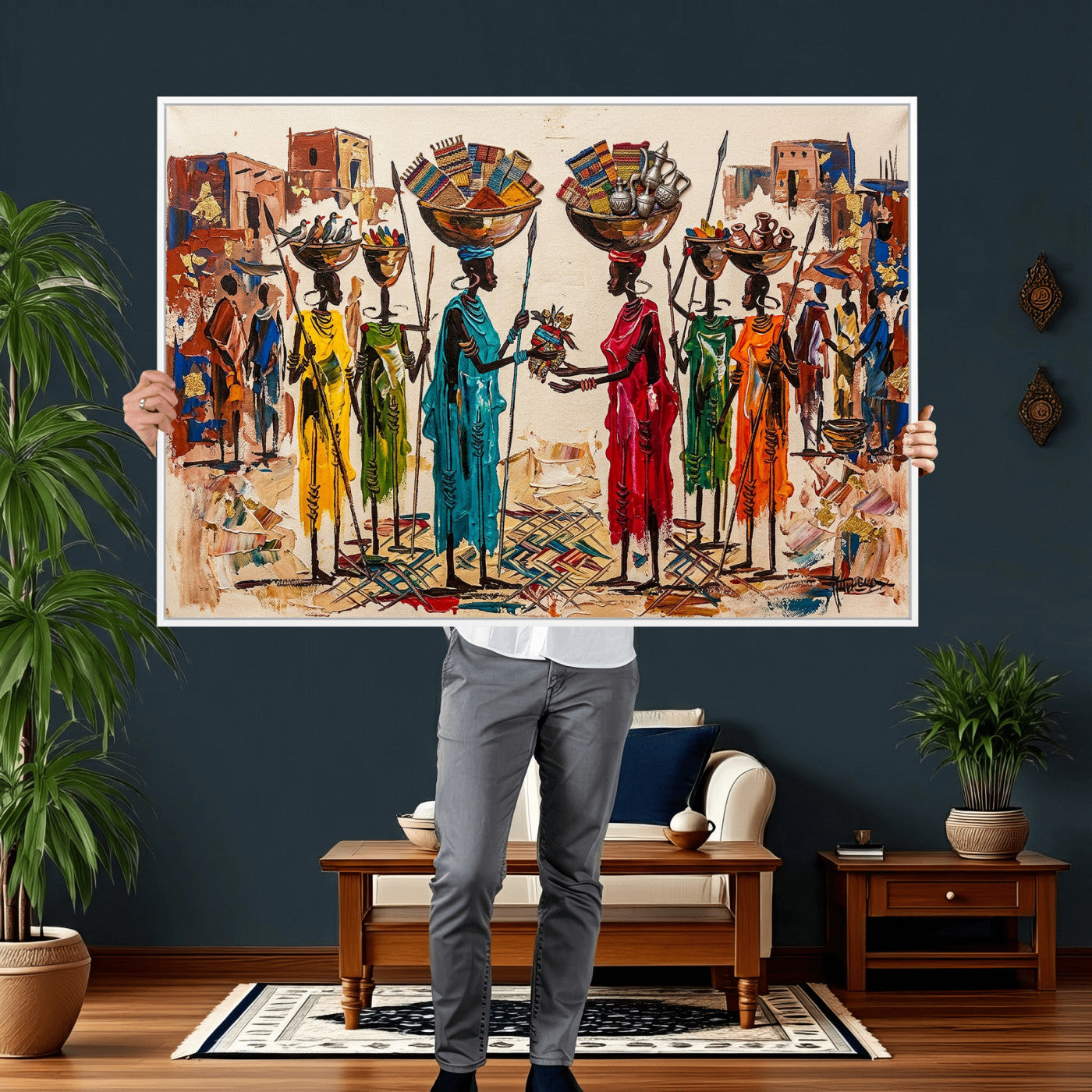 54818657-MGV-CV-36X24 - African Folk Art Canvas Wall Art, Colorful African Women Village Painting Print, Tribal Ethnic Home Decor, Vibrant African Art, Living Room